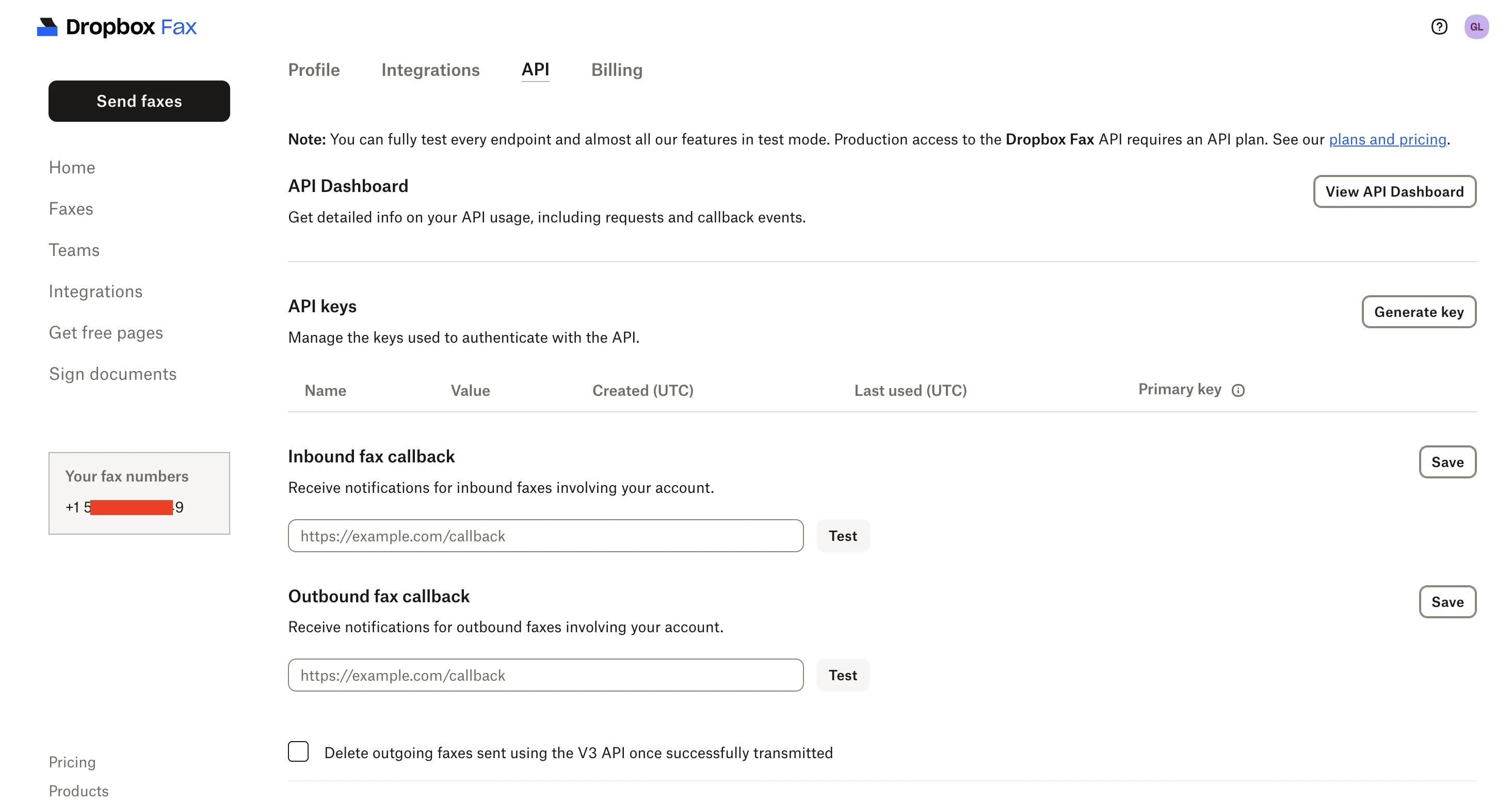 APIキーと送受信コールバックを備えたDropbox FaxのAPI設定