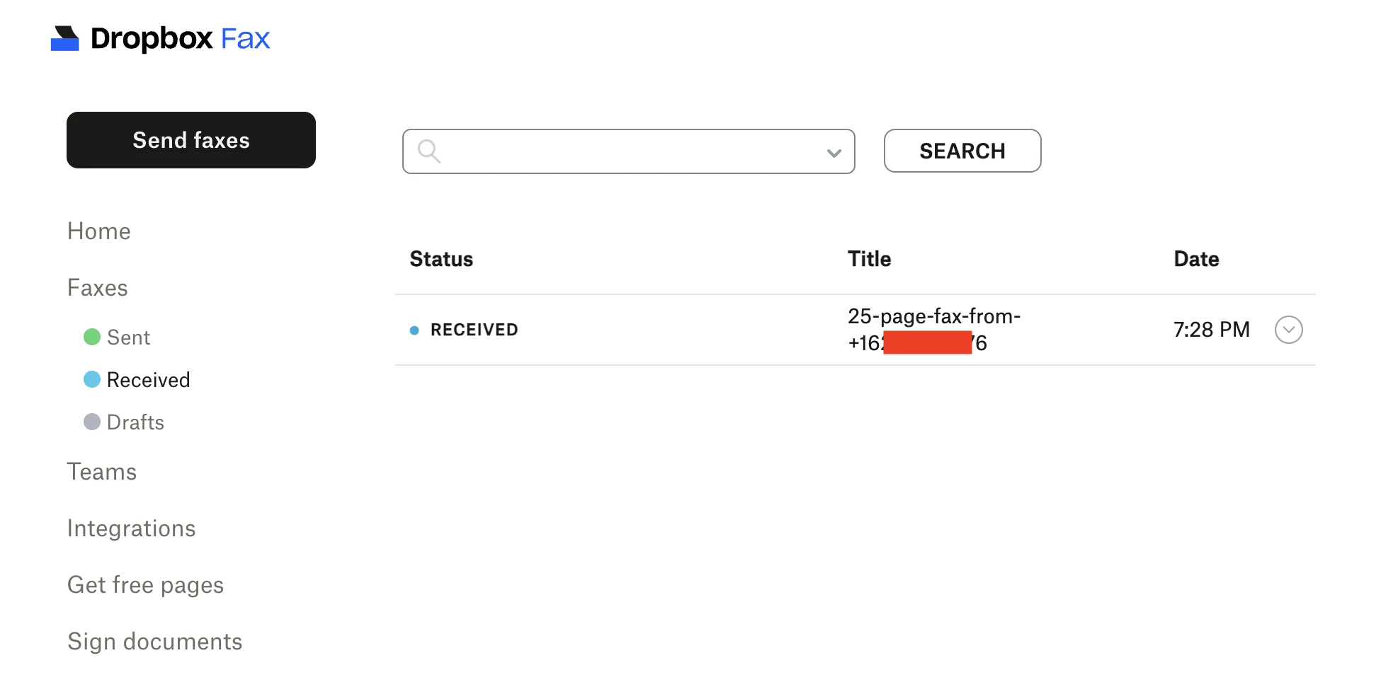 25ページの受信FAXが表示されたDropbox Faxの受信フォルダ