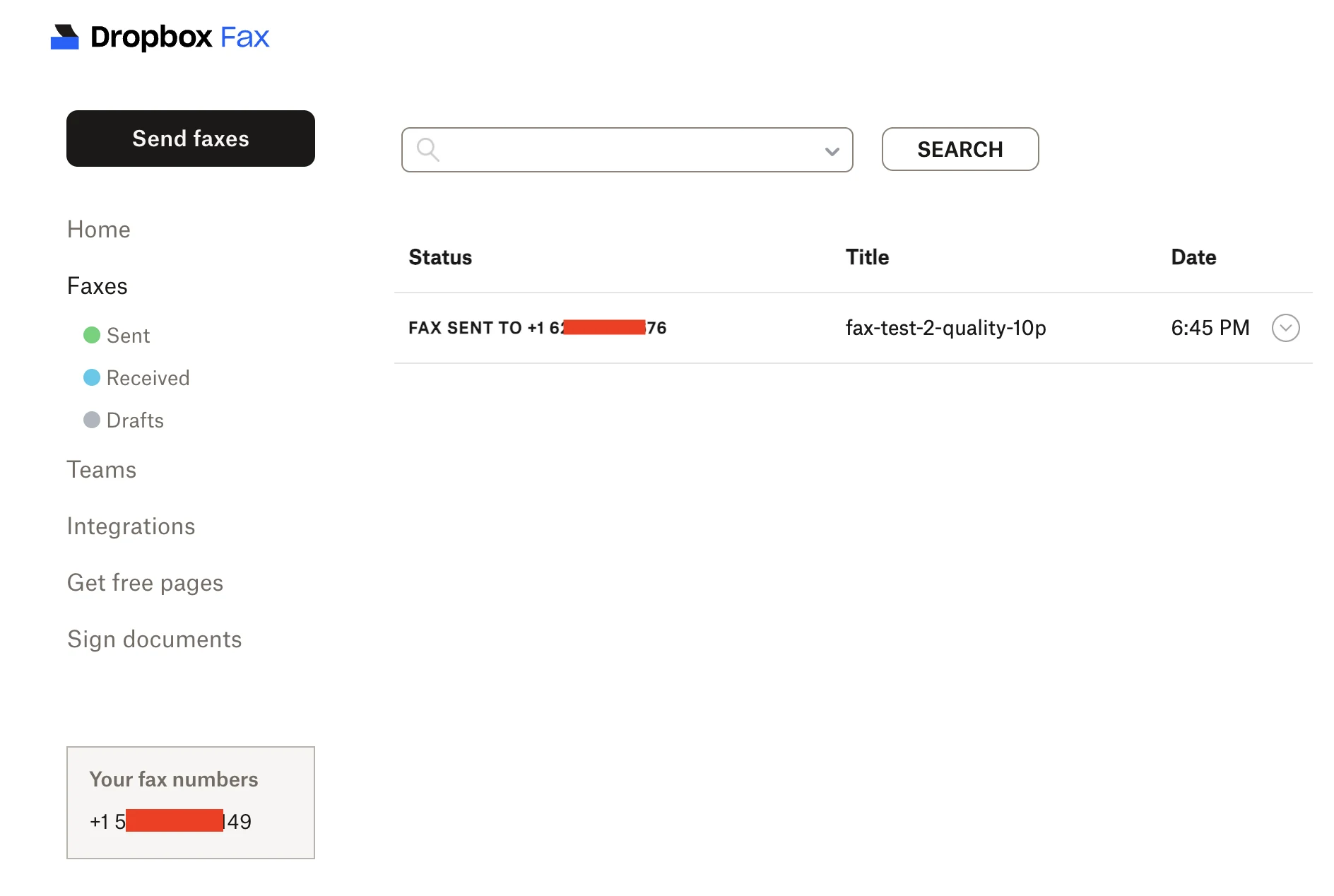 検索と割り当て番号が並ぶDropbox Faxの送信済み一覧