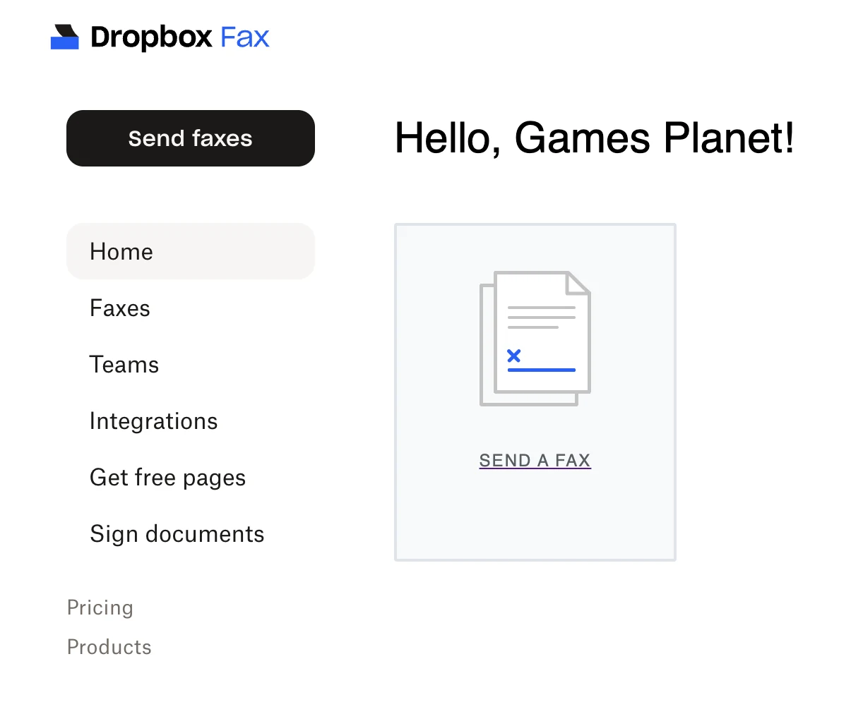 送信カードとサイドナビを備えたDropbox Faxのダッシュボード