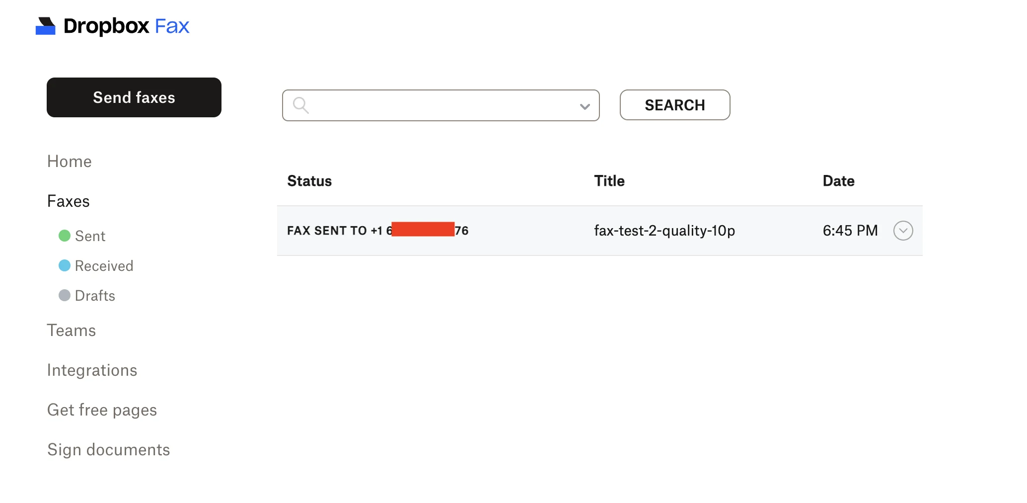 送信済みFAXのステータス・タイトル・時刻が並ぶDropbox Faxのダッシュボード
