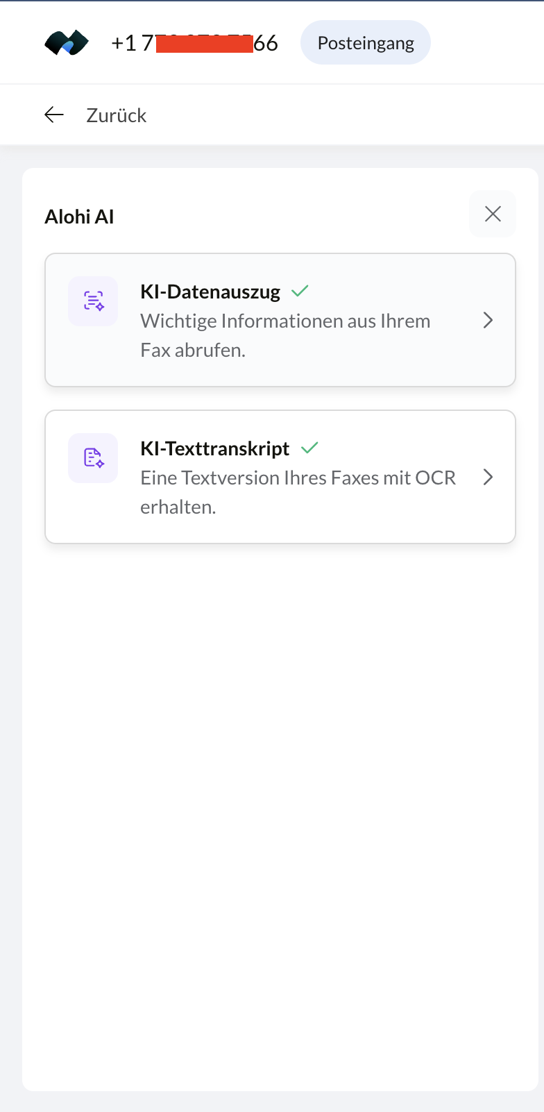 Alohi-KI-Panel auf einem empfangenen Fax mit KI-Datenextraktion und KI-Transkript