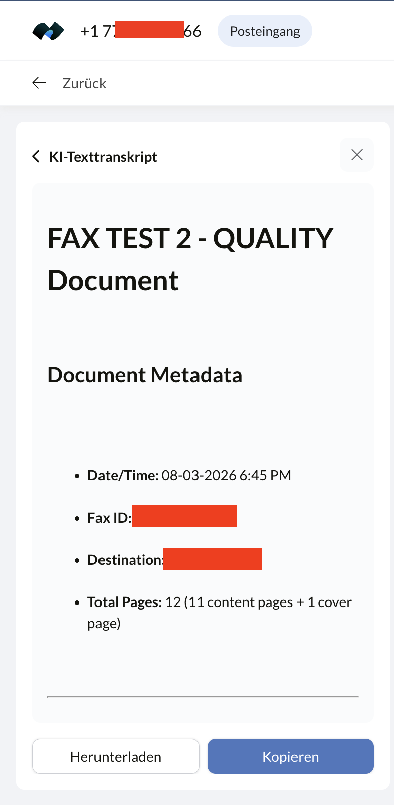 KI-Transkript von Fax.Plus mit der vollständigen Abschrift eines empfangenen Faxes samt Deckblatt-Tabelle, Seitenmarkierungen und Listen
