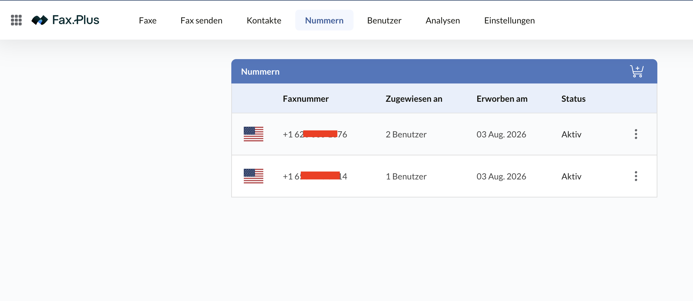 Faxnummern in Fax.Plus mit Zuweisung und Status