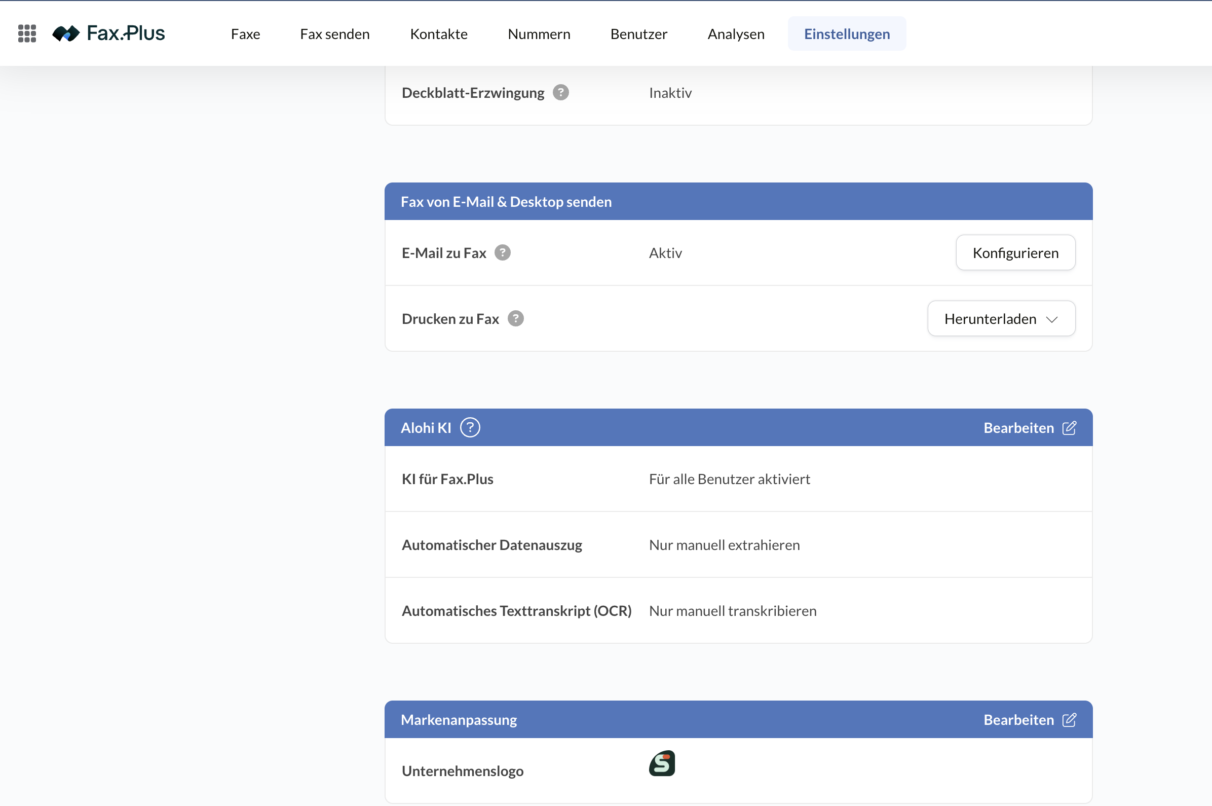 Fax.Plus-Einstellungen mit Fax per E-Mail, Print-to-Fax und den Alohi-KI-Optionen