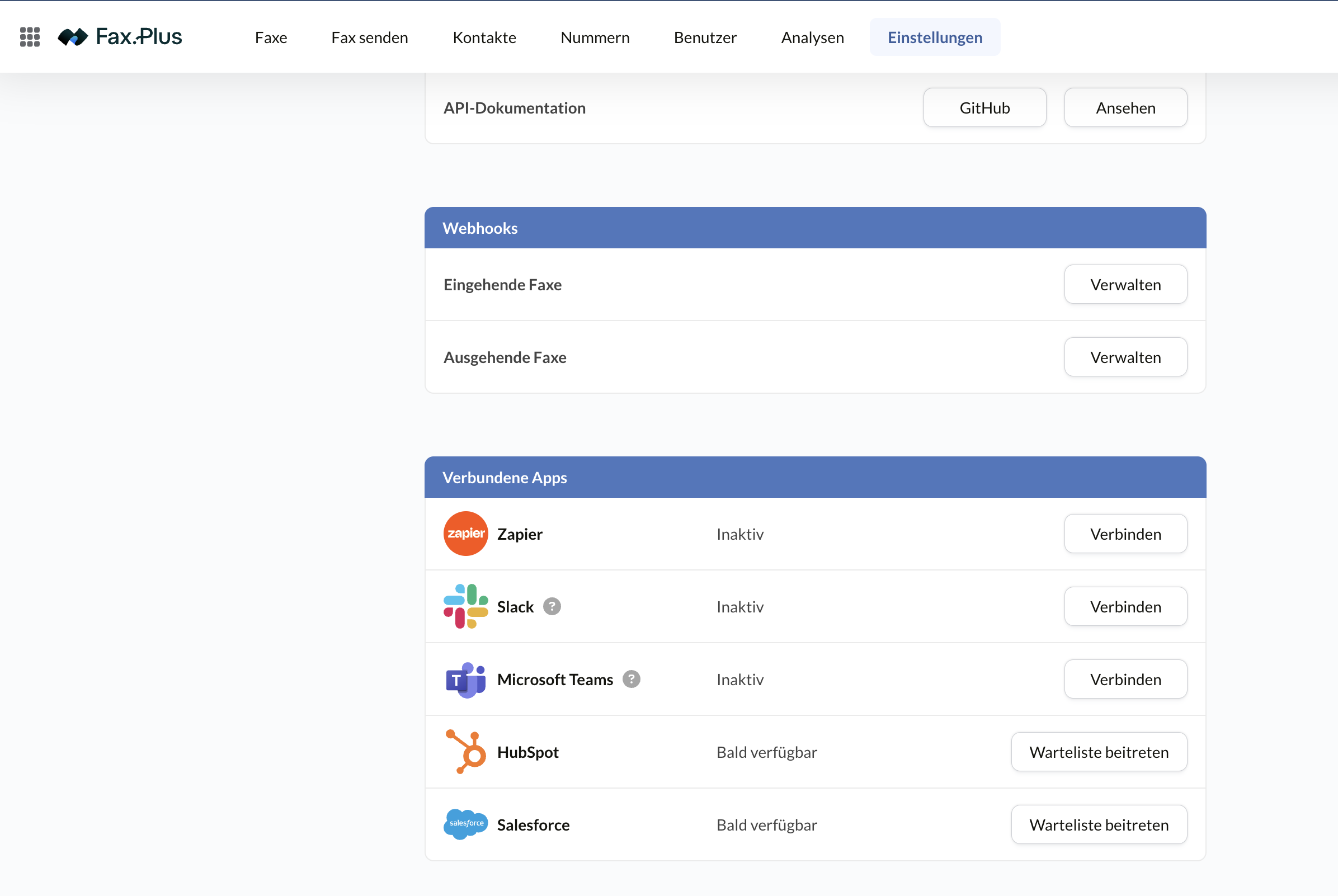 Verbundene Apps in Fax.Plus: Zapier, Slack, Microsoft Teams, HubSpot und Salesforce