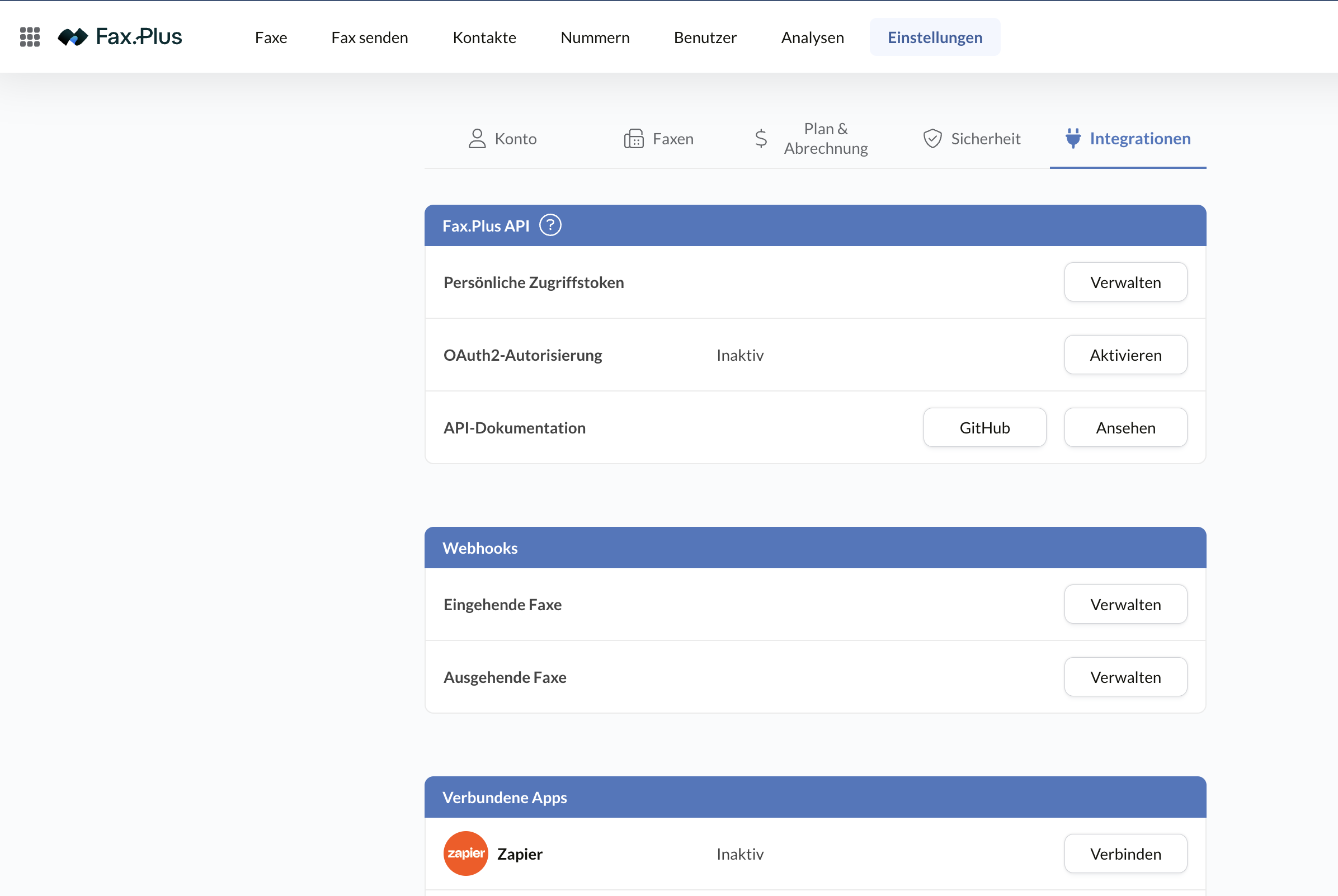 API-Einstellungen von Fax.Plus mit persönlichen Zugriffstokens und OAuth2