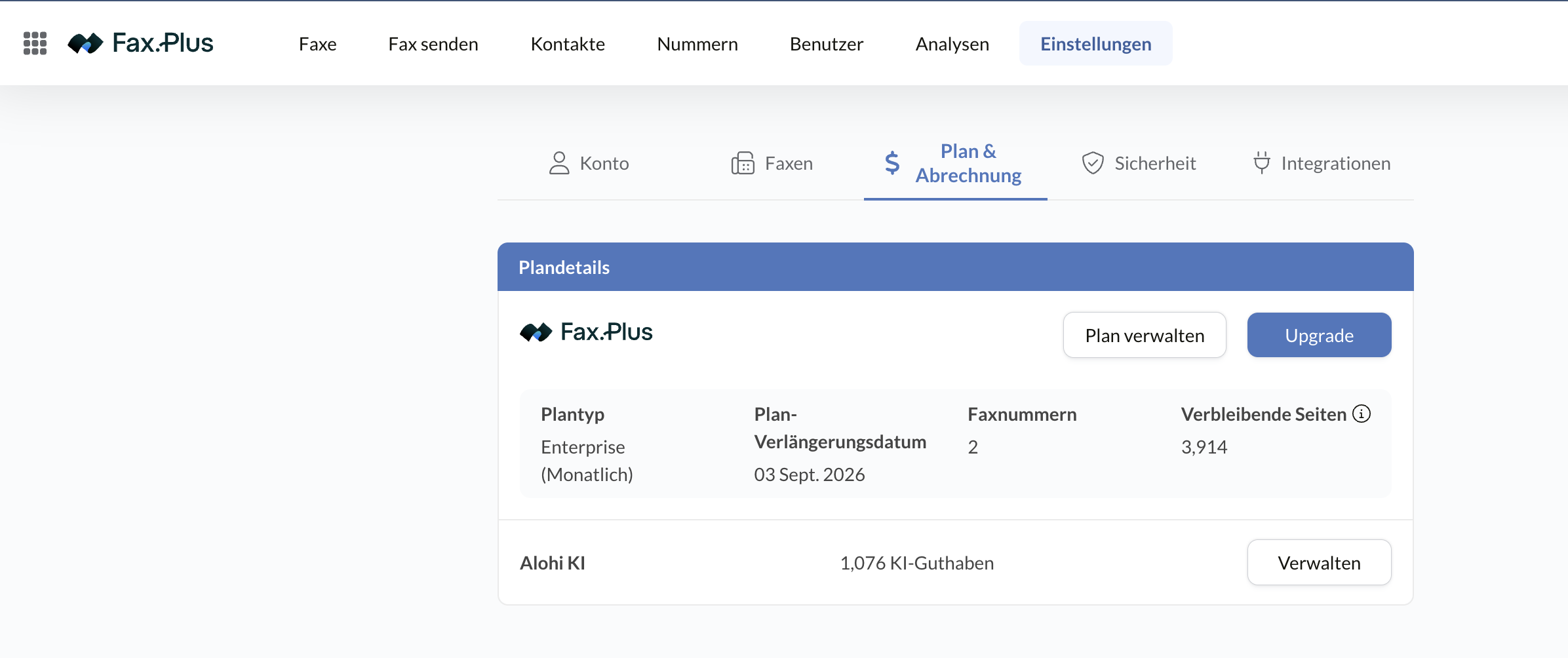 Tarif- und Abrechnungsseite von Fax.Plus mit Enterprise-Tarif und KI-Credits