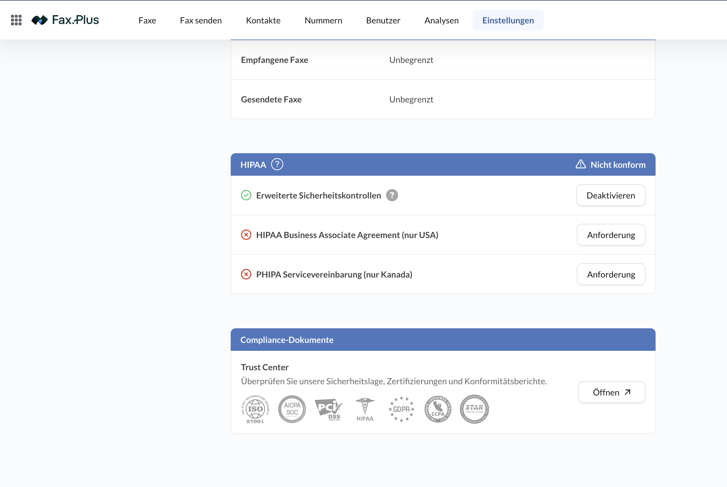 Compliance-Bereich von Fax.Plus mit den Anträgen für HIPAA und PHIPA