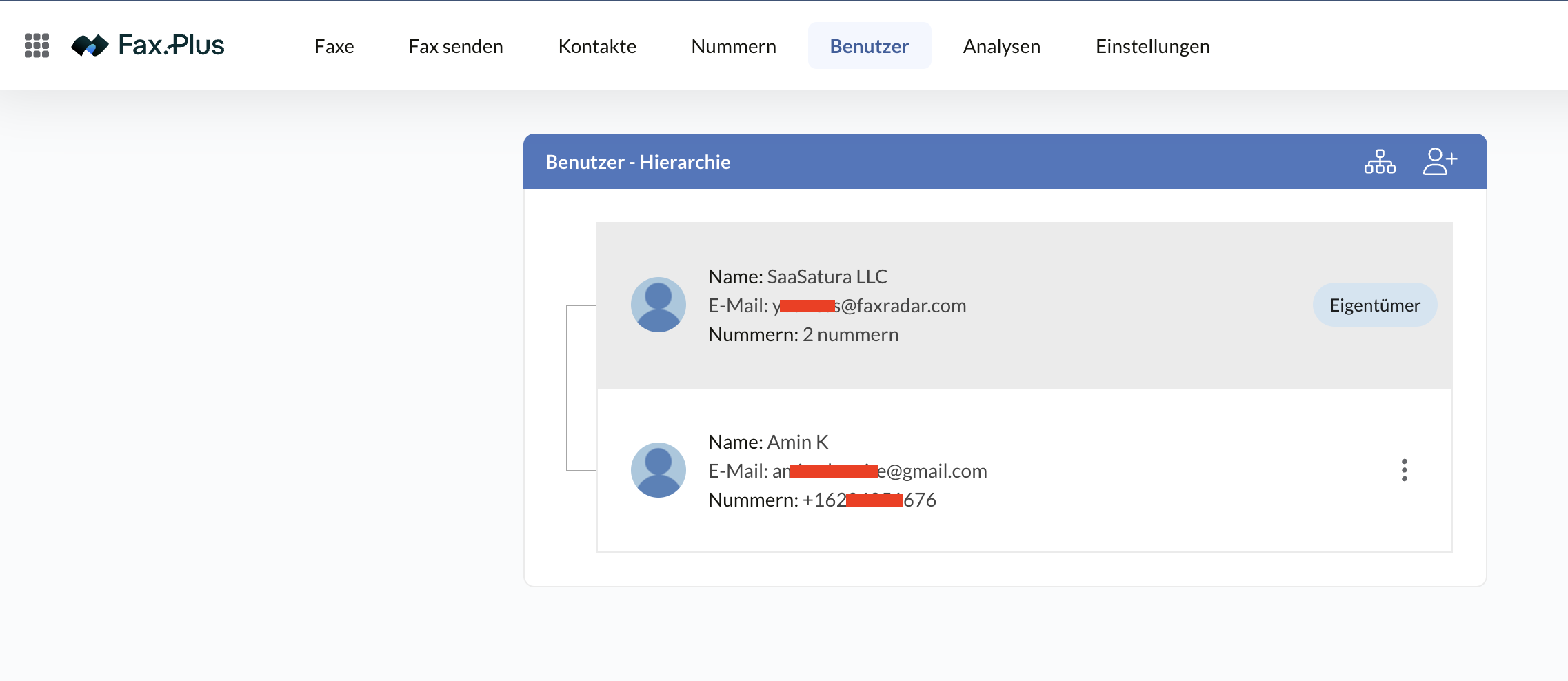 Benutzerhierarchie in Fax.Plus mit Kontoinhaber und Teammitgliedern