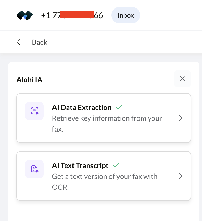 Alohi AI panel on a received fax offering AI Data Extraction and AI Text Transcript