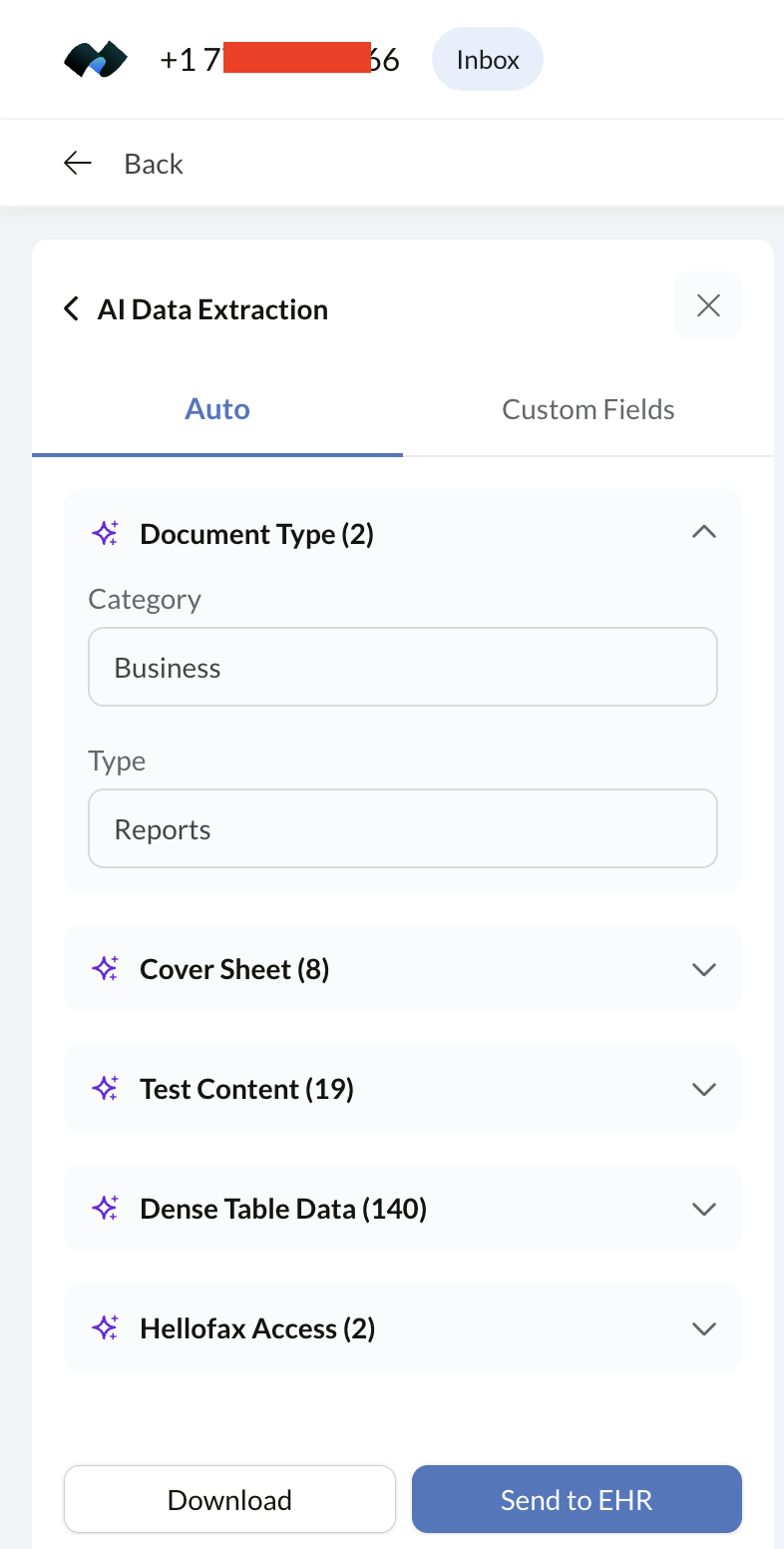 Fax.Plus AI Data Extraction results grouped by document section with a field count against each group