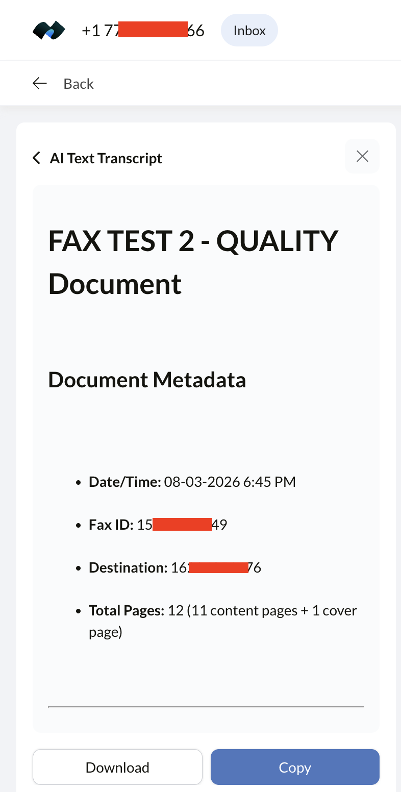 Fax.Plus AI Text Transcript panel showing a full transcription of a received fax: the cover sheet reproduced as a From, To, Number of pages and Message table, followed by a Test Content Pages heading, a per-page marker reading PAGE 1/10 VERIFY WORD ALPHA, the document heading FAX TRANSMISSION TEST, its intro sentence and a bulleted list, with Download and Copy buttons at the bottom
