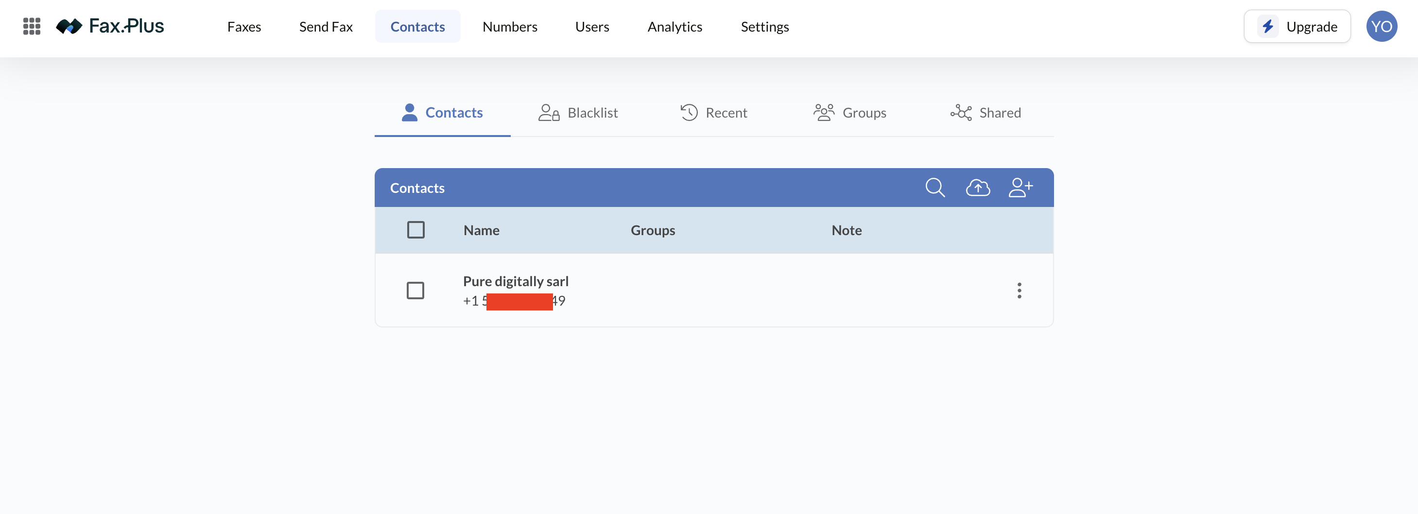 Fax.Plus contacts screen with groups, blacklist, and shared tabs