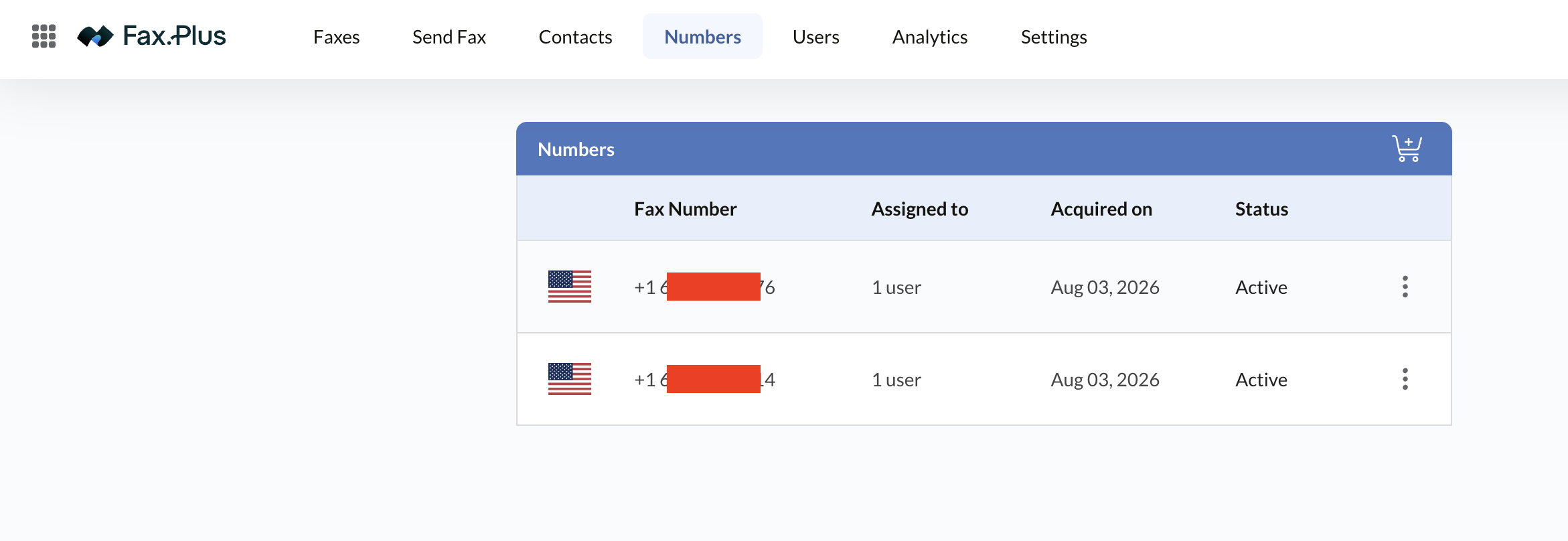 Fax.Plus numbers screen listing fax numbers and their status