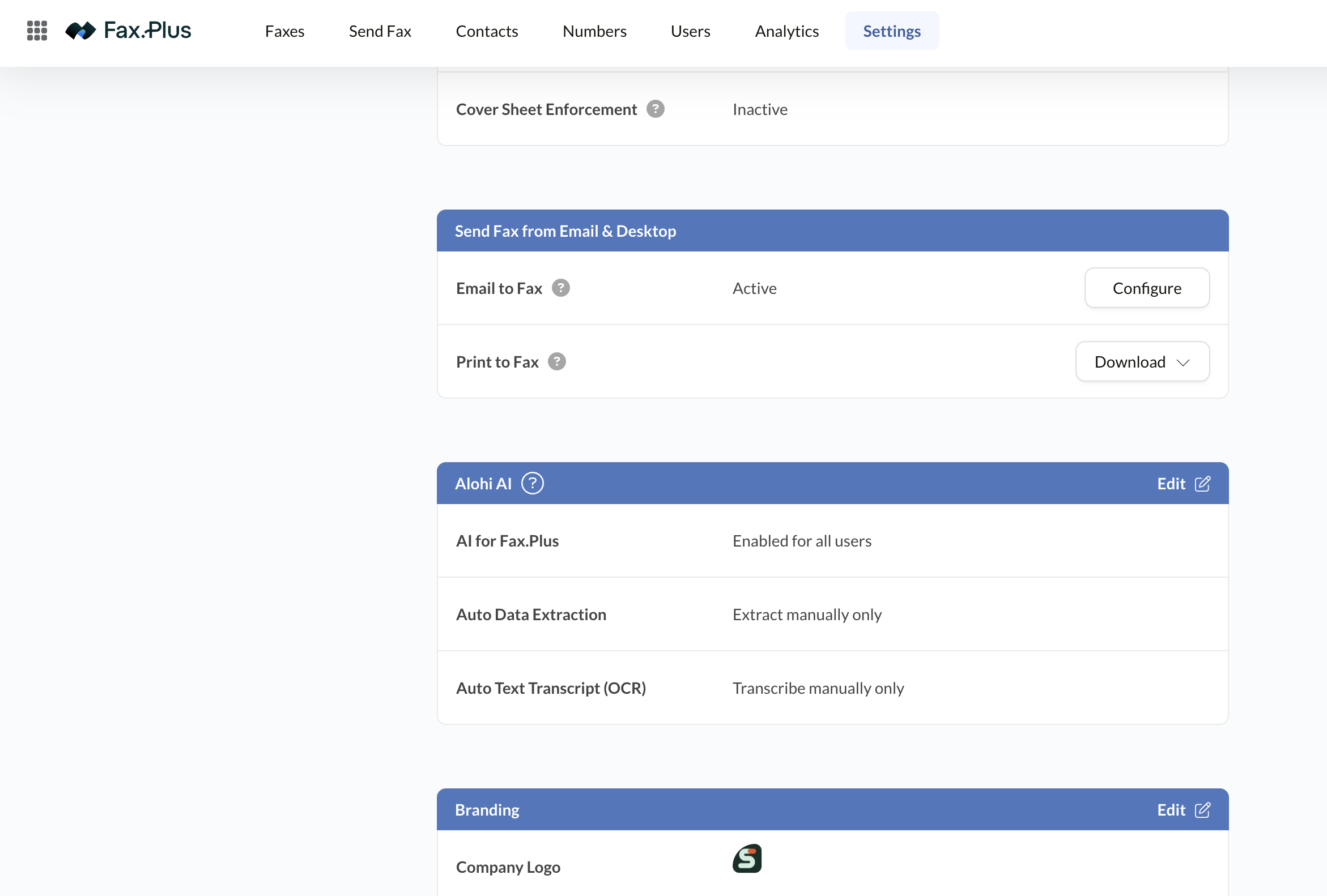 Fax.Plus settings showing email to fax, print to fax, and Alohi AI controls