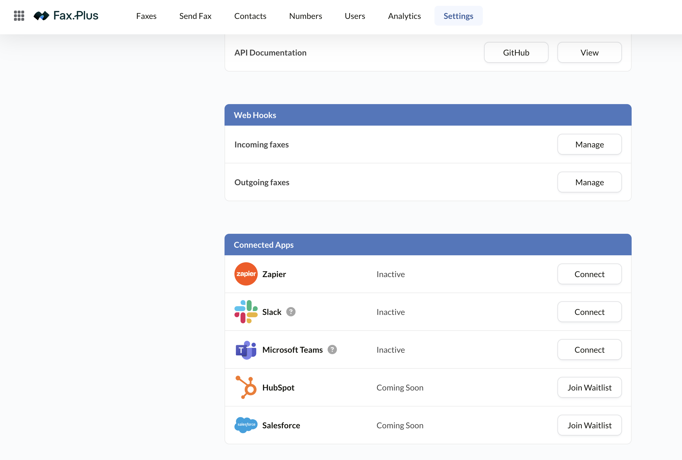 Fax.Plus connected apps including Zapier, Slack, Microsoft Teams, HubSpot, and Salesforce