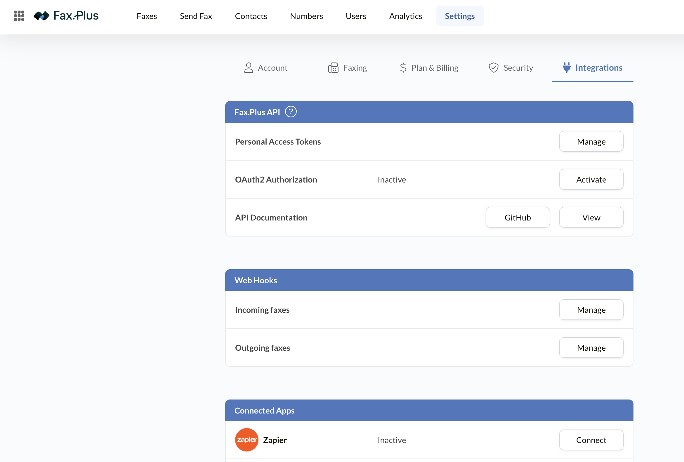 Fax.Plus API settings with personal access tokens and OAuth2
