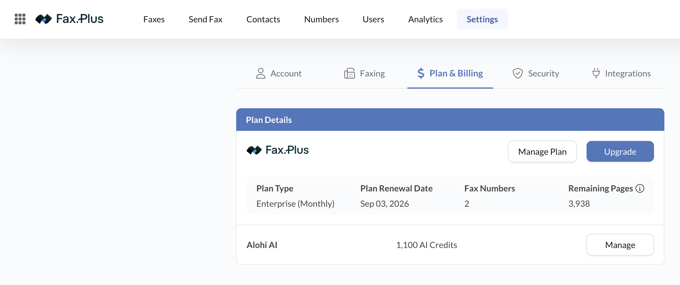Fax.Plus plan and billing screen showing the Enterprise plan and AI credits