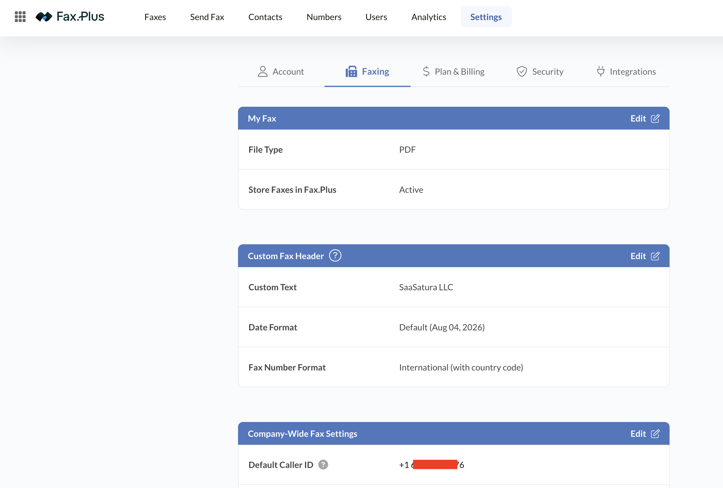 Fax.Plus faxing settings with custom fax header options