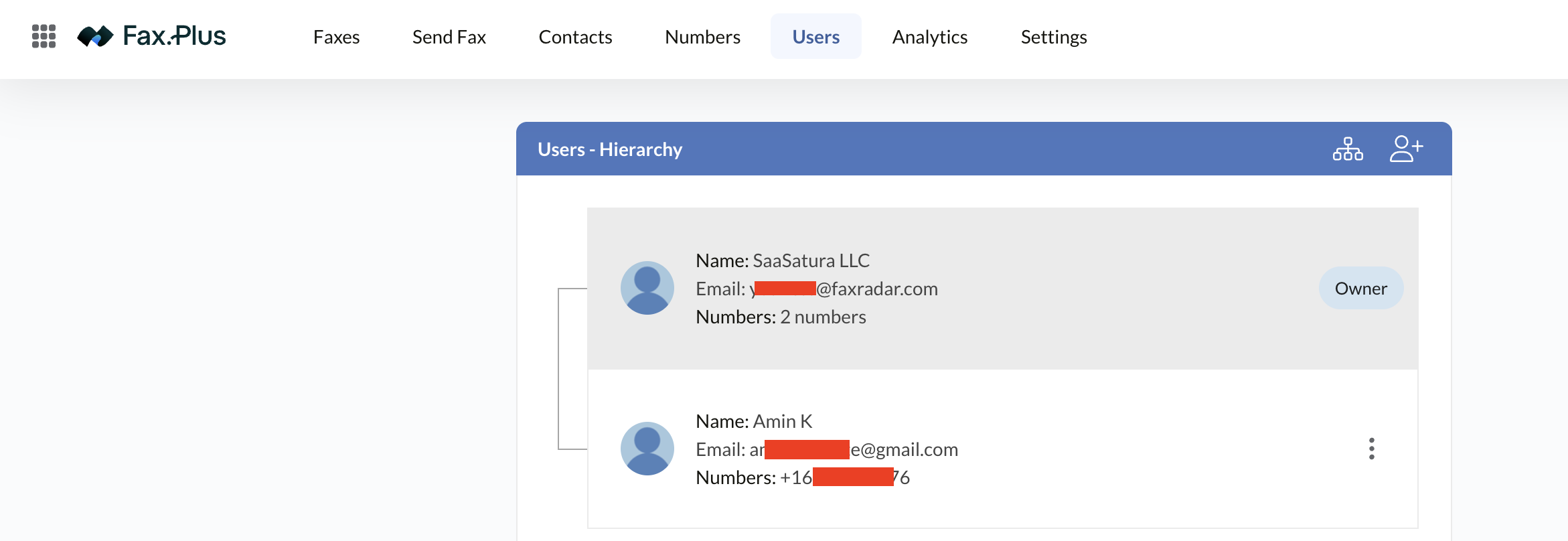 Fax.Plus users hierarchy showing the account owner and team members