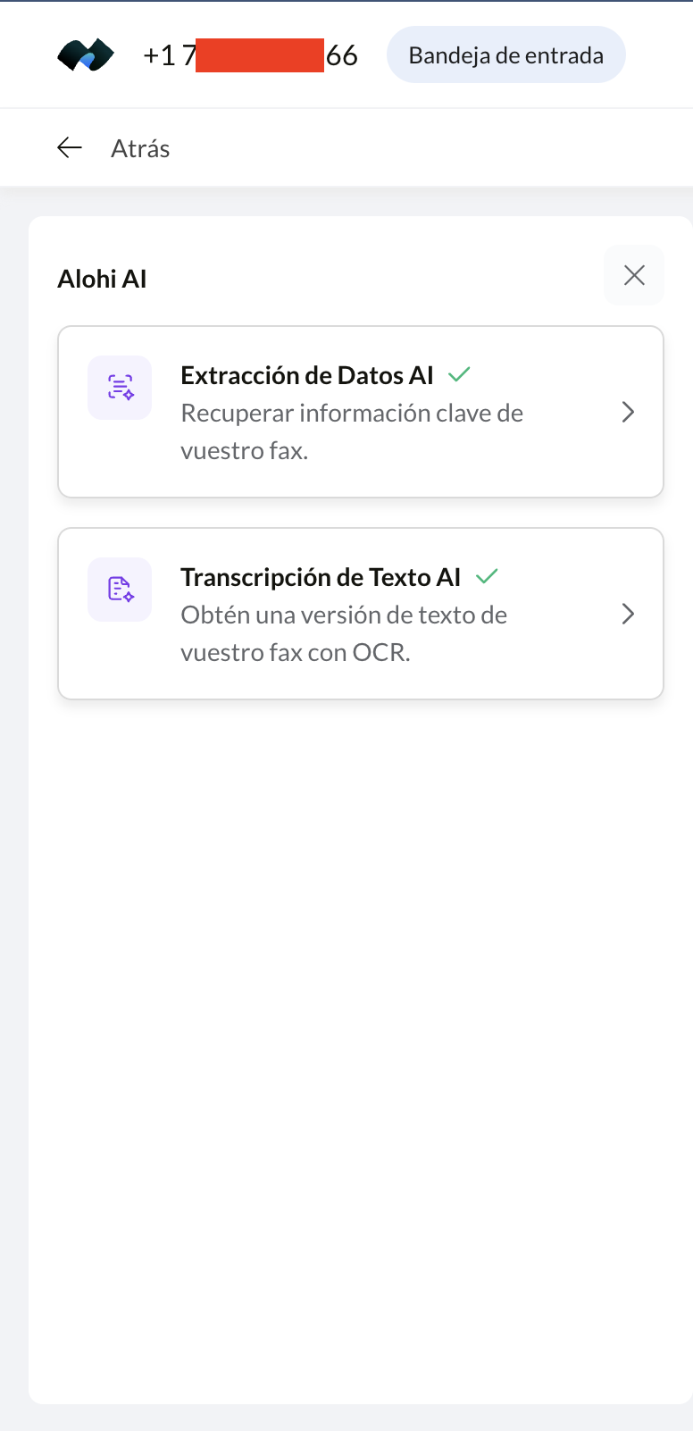 Panel de Alohi AI sobre un fax recibido con extracción de datos y transcripción