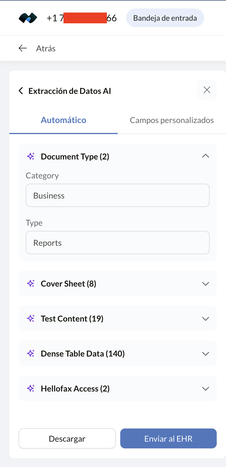 Resultados de la extracción de datos por IA de Fax.Plus agrupados por sección del documento