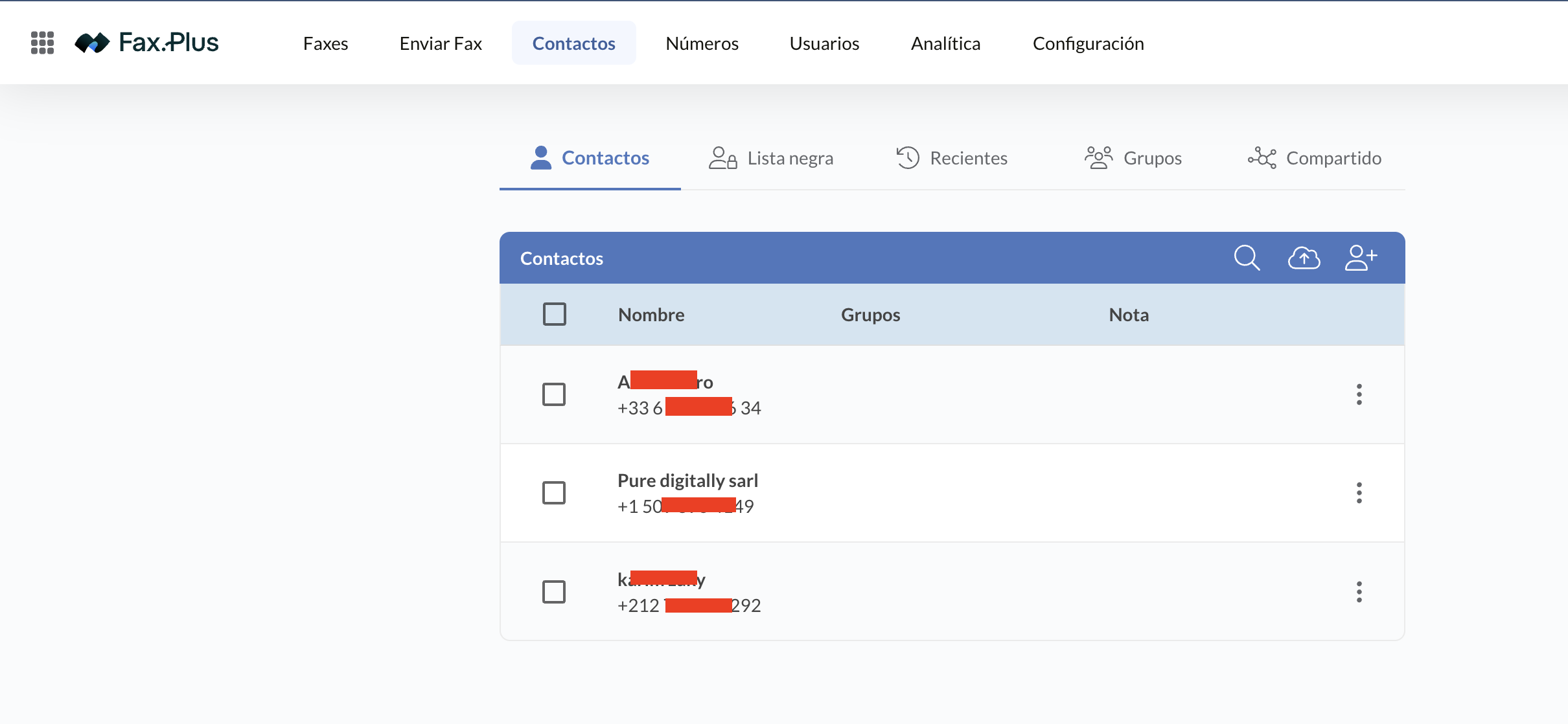 Pantalla de contactos de Fax.Plus con grupos, lista negra y contactos compartidos