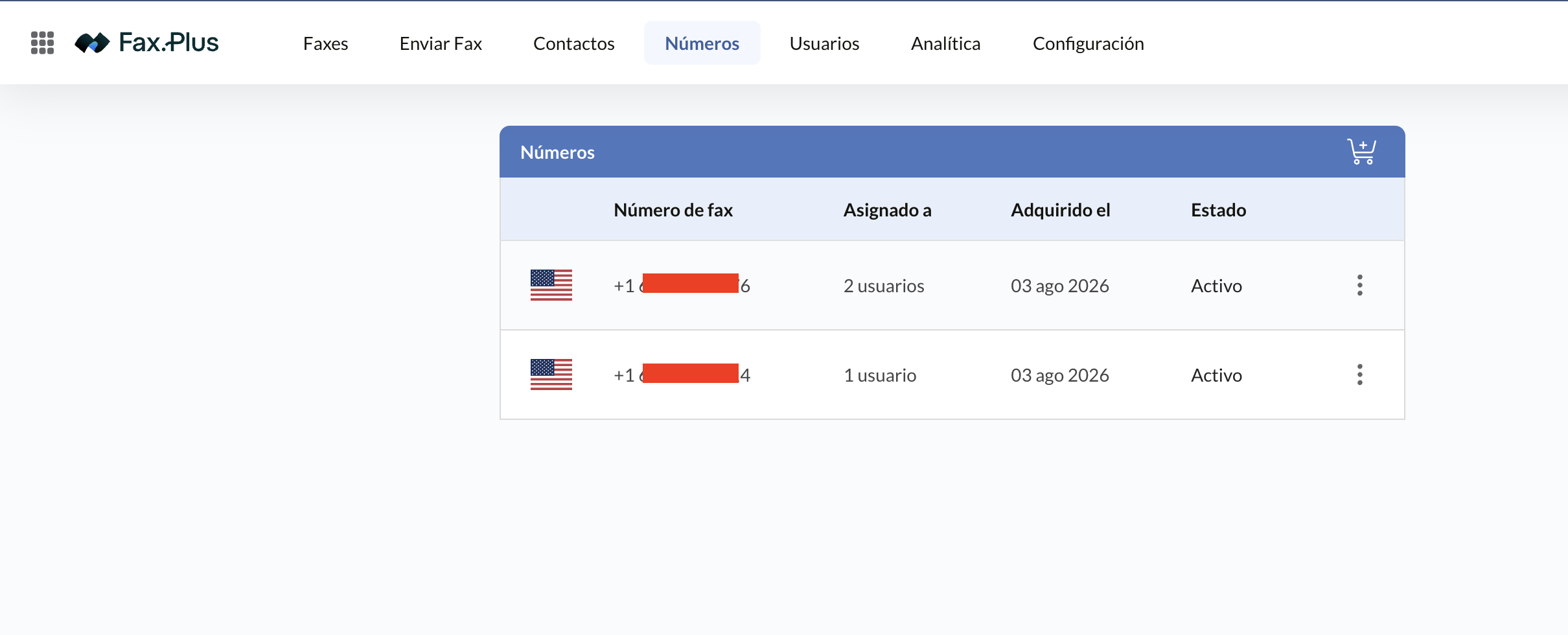 Pantalla de números de fax de Fax.Plus con su estado