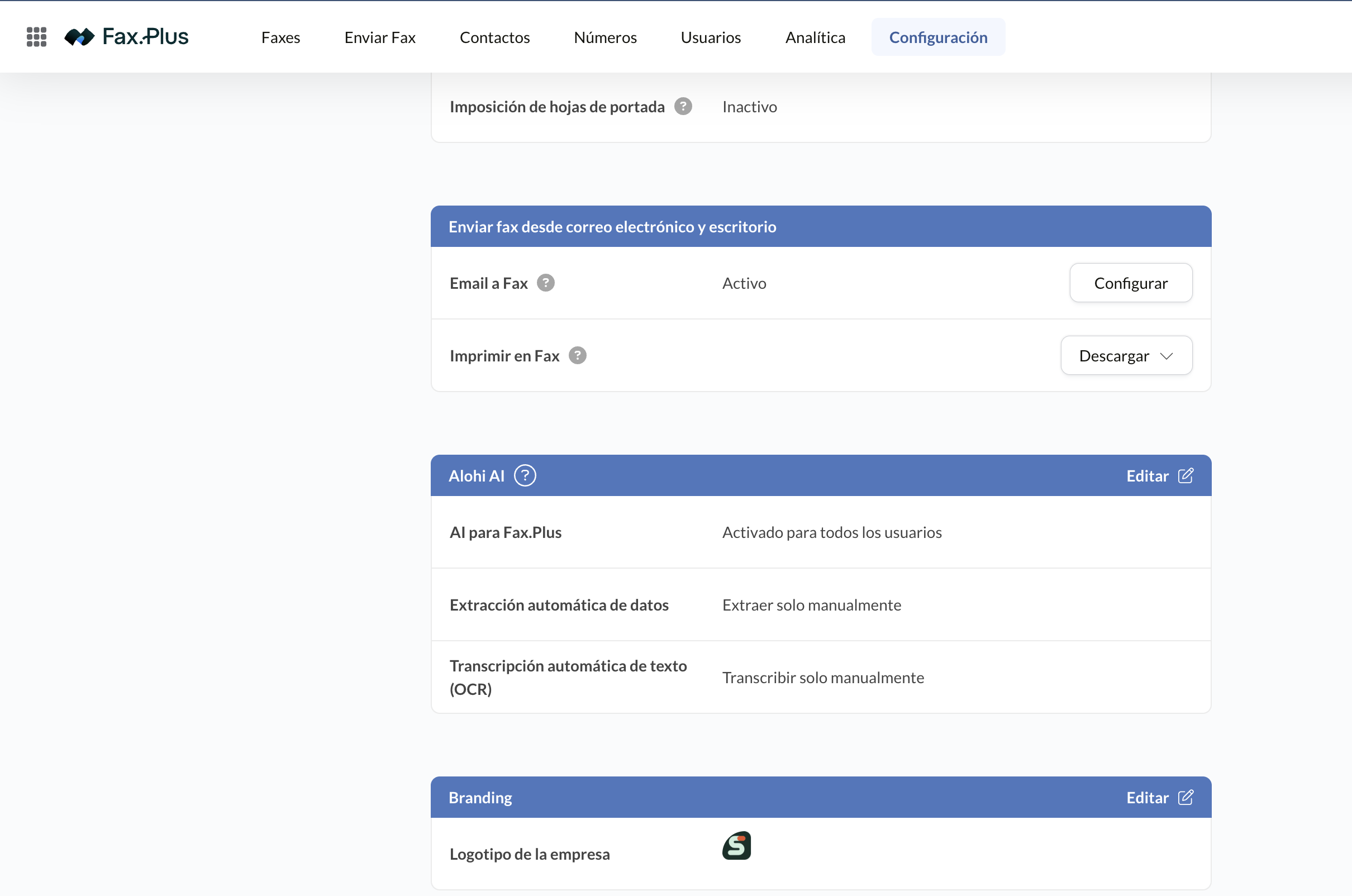 Ajustes de Fax.Plus con fax por correo, imprimir a fax y los controles de Alohi AI