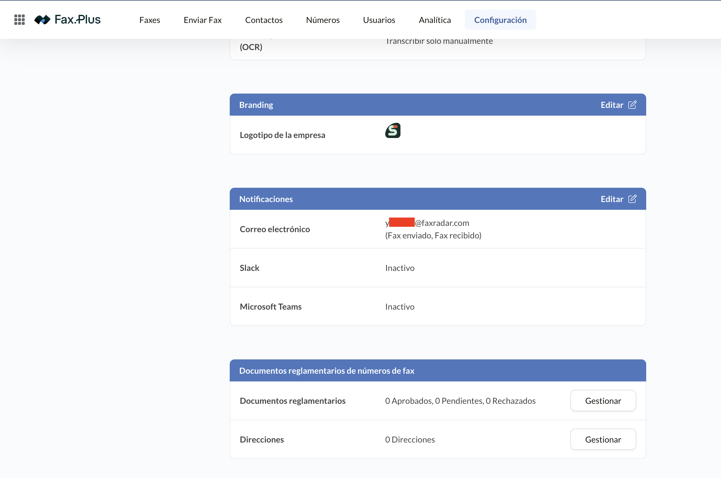 Ajustes de marca y notificaciones de Fax.Plus