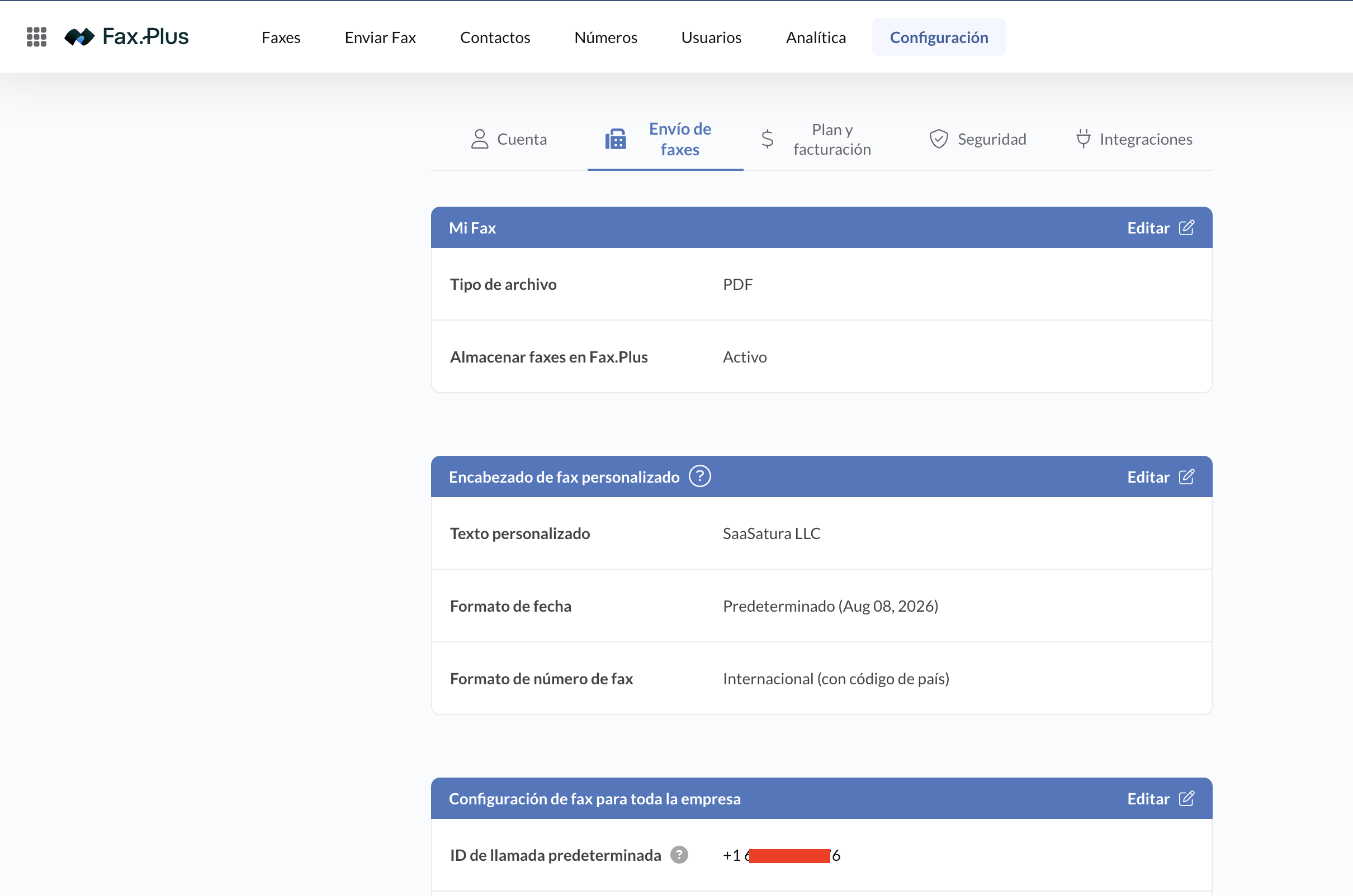 Ajustes de fax de Fax.Plus con encabezado personalizado