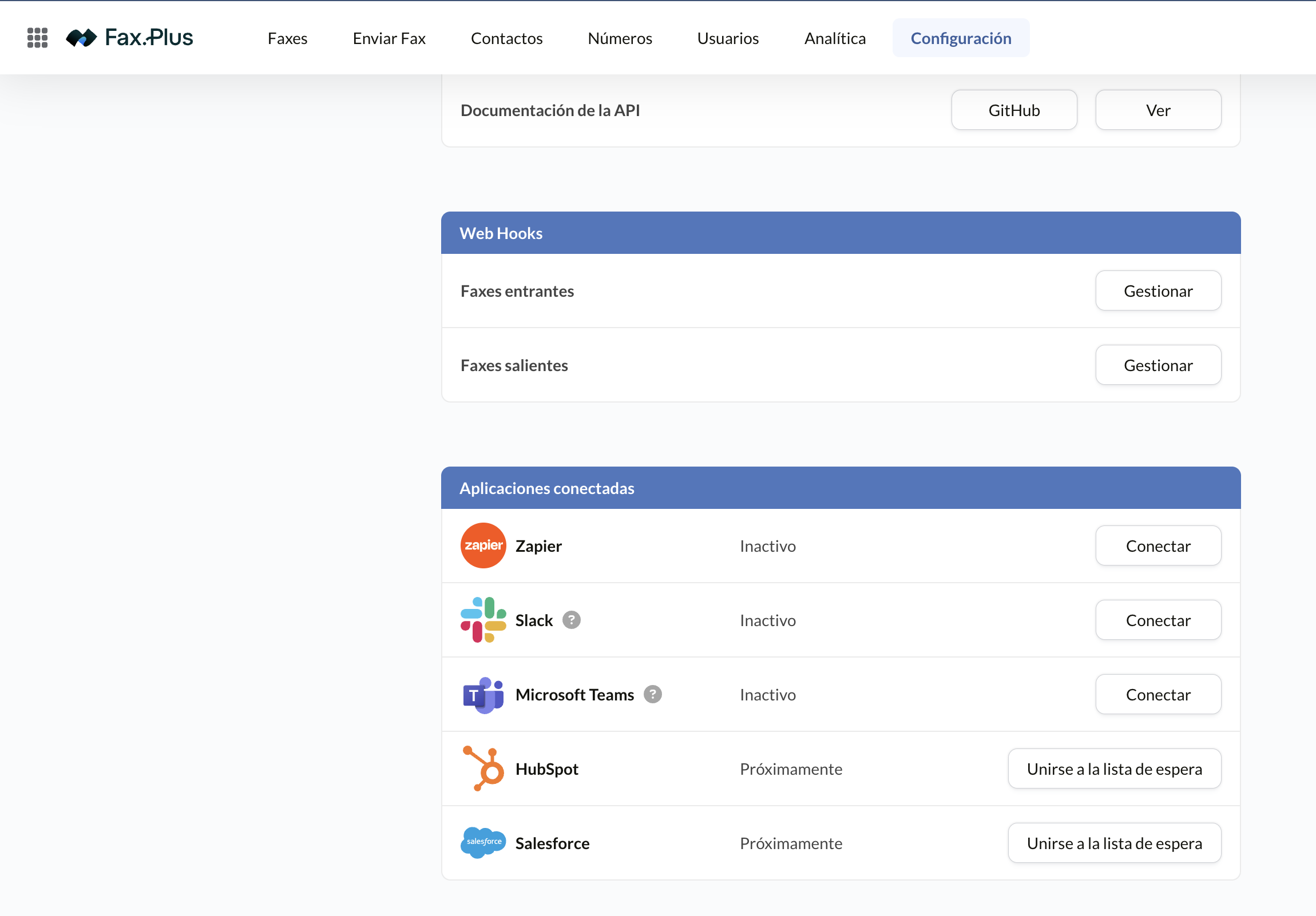 Apps conectadas de Fax.Plus: Zapier, Slack, Microsoft Teams, HubSpot y Salesforce