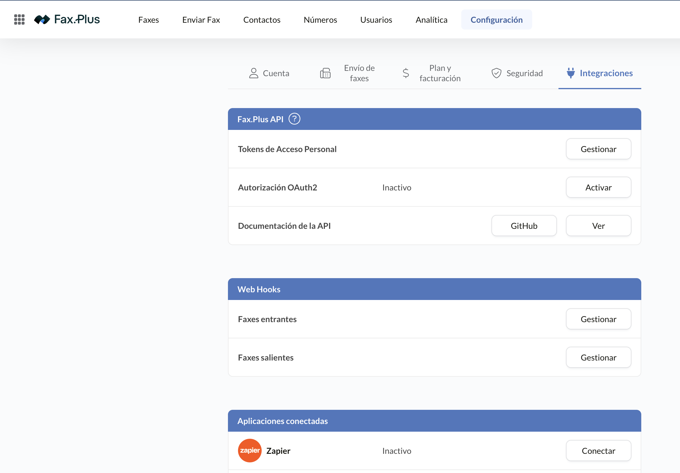 Ajustes de API de Fax.Plus con tokens de acceso personal y OAuth2