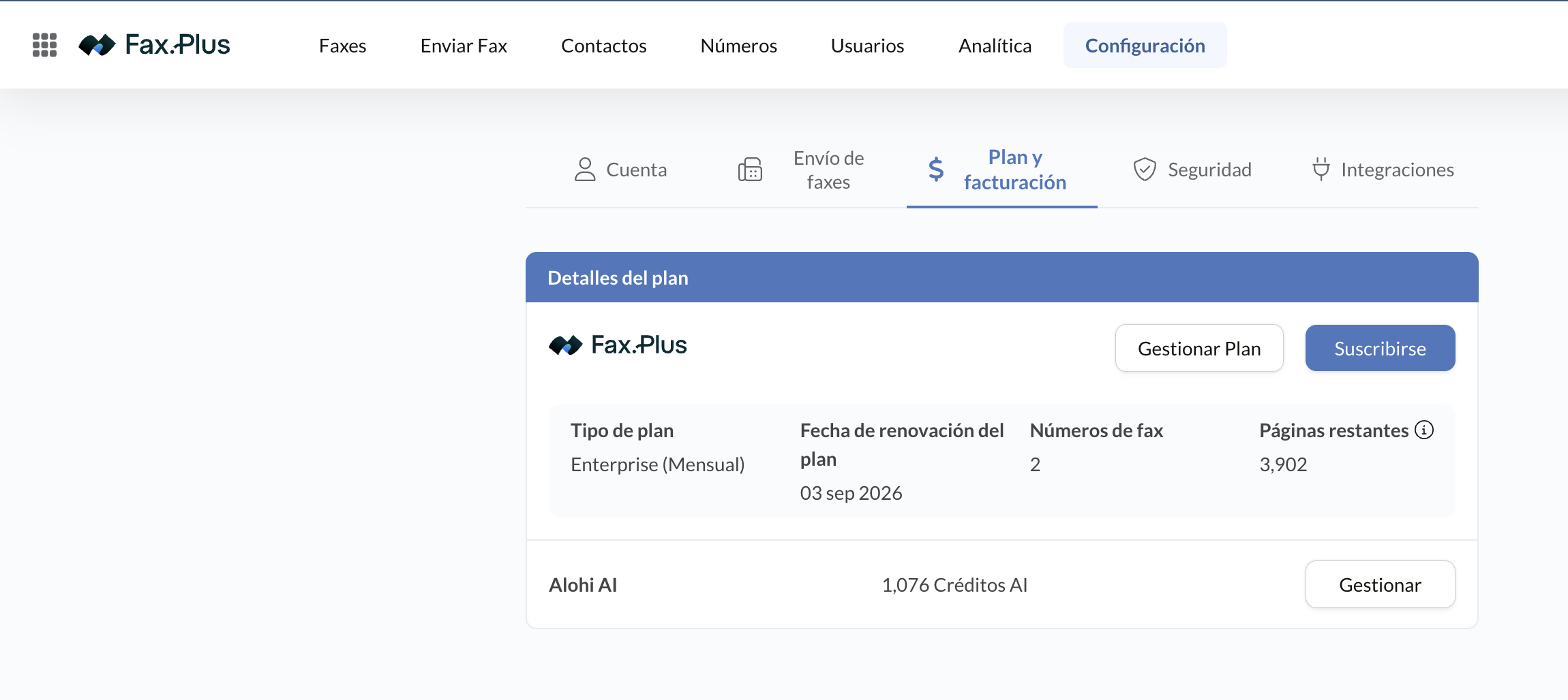 Pantalla de plan y facturación de Fax.Plus con el plan Enterprise y los créditos de IA