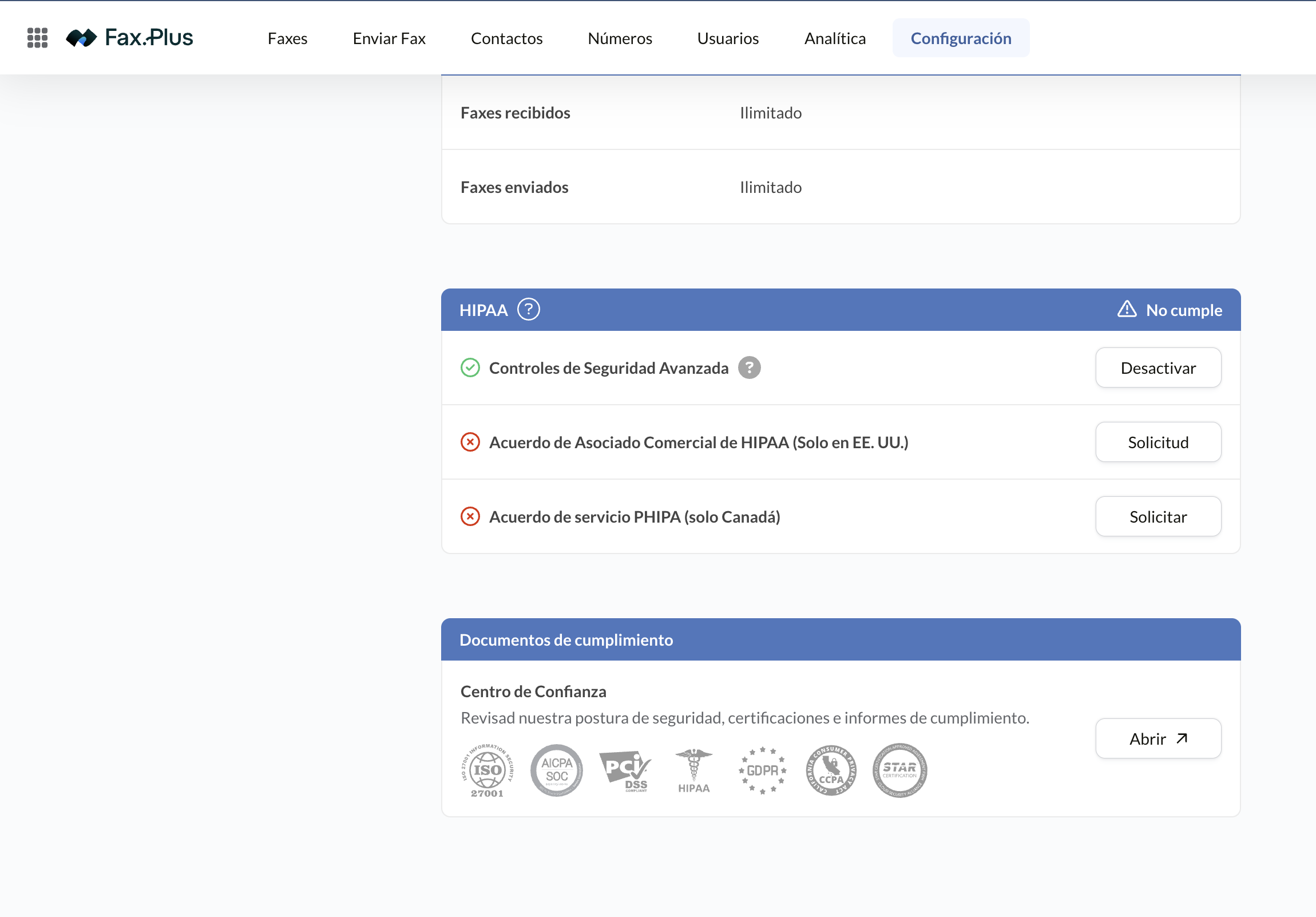 Panel de cumplimiento de Fax.Plus con las solicitudes de HIPAA y PHIPA