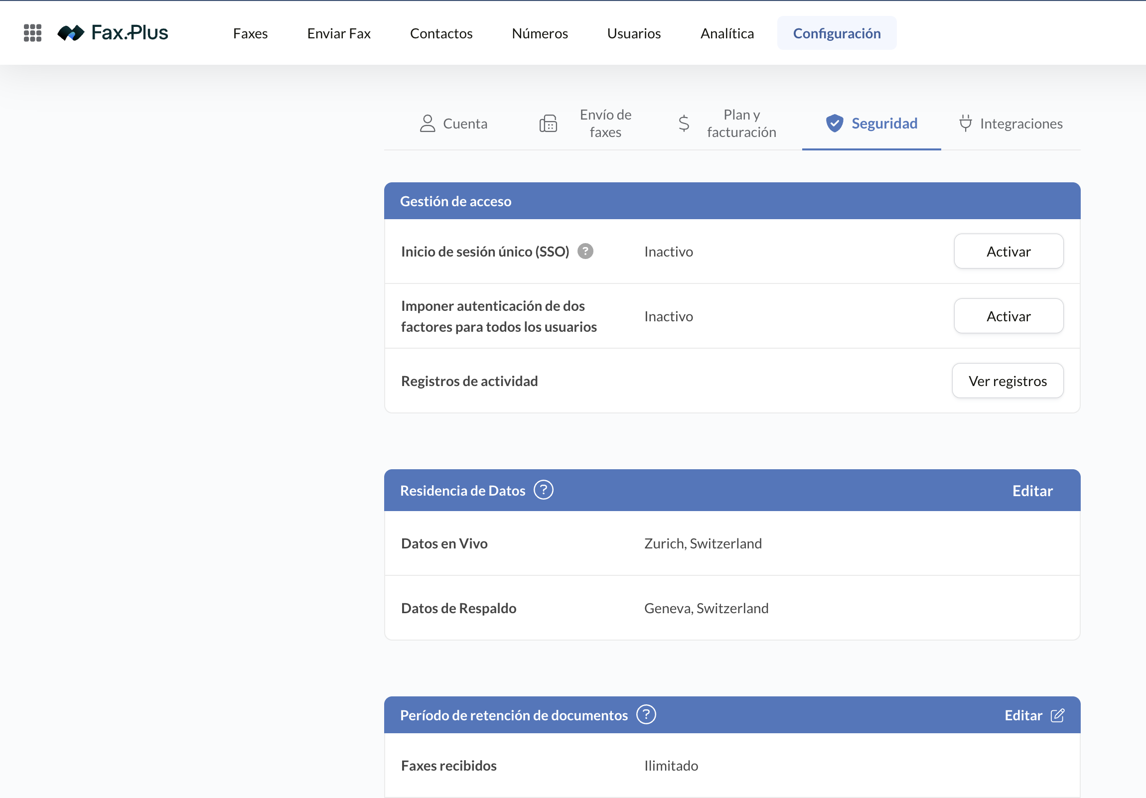 Ajustes de seguridad de Fax.Plus con SSO, 2FA, registros de actividad y residencia de datos