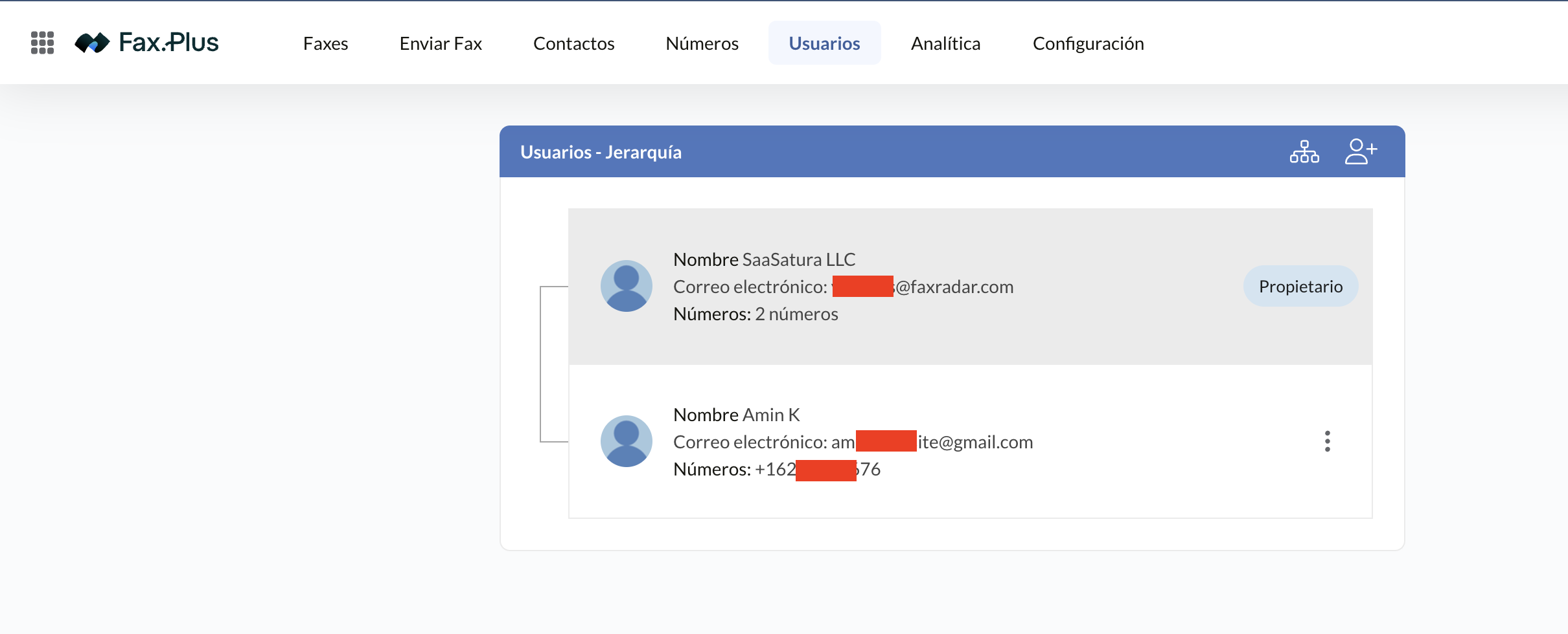 Jerarquía de usuarios de Fax.Plus con el propietario y los miembros