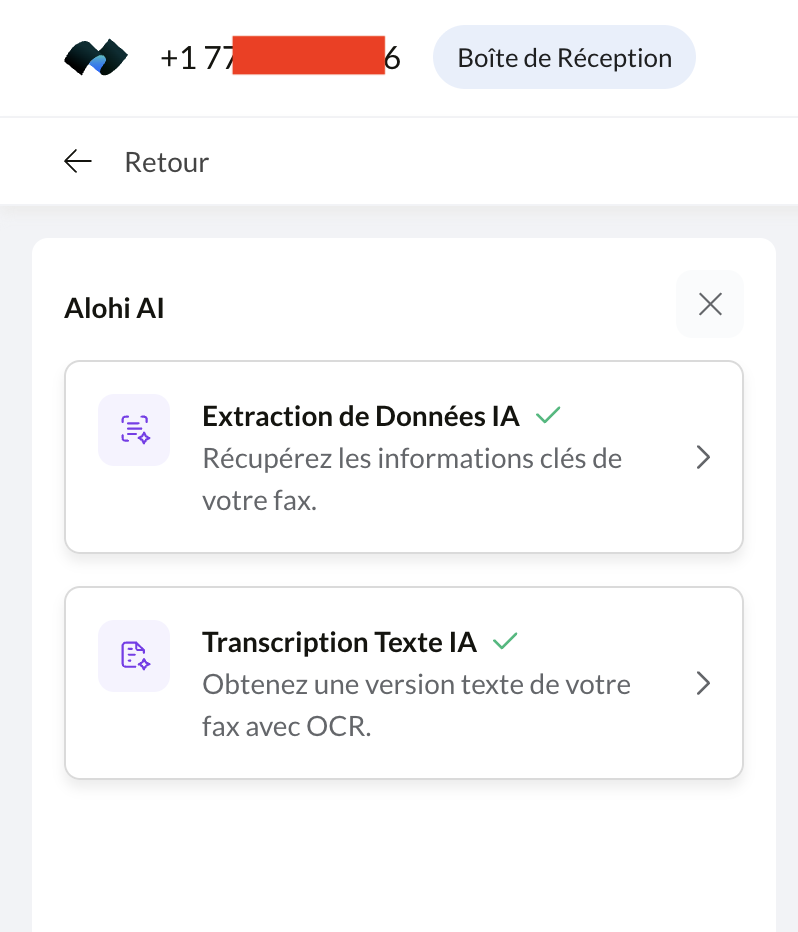 Panneau Alohi AI sur un fax reçu proposant l'extraction de données IA et la transcription texte IA