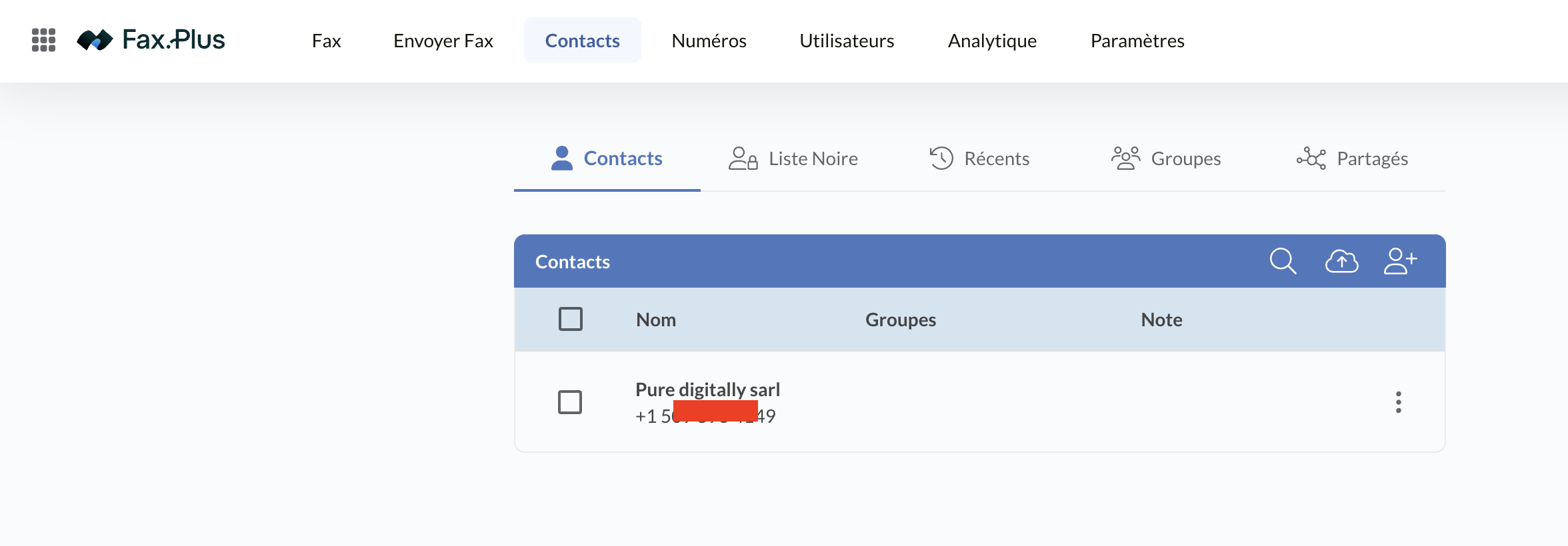 Écran des contacts Fax.Plus avec les onglets groupes, liste noire et partagés