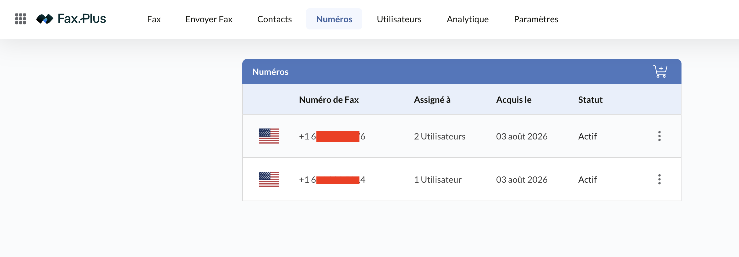 Écran des numéros de fax Fax.Plus avec leur statut