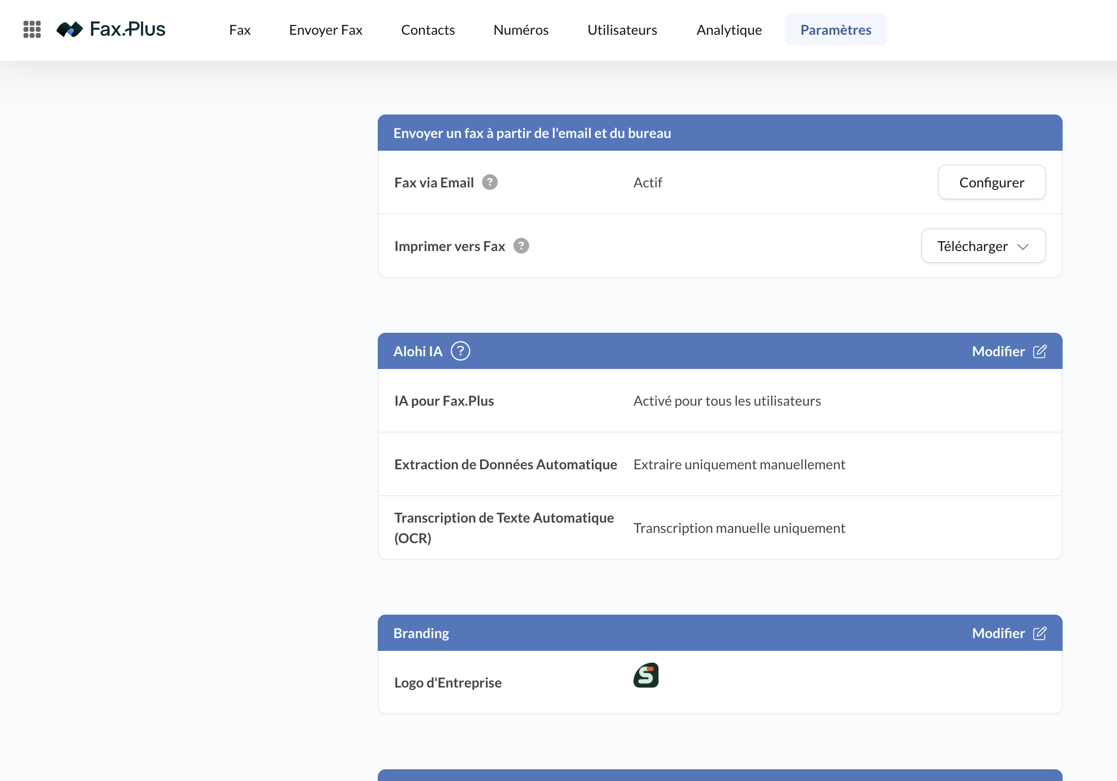 Paramètres Fax.Plus : fax par e-mail, impression vers fax et contrôles Alohi AI