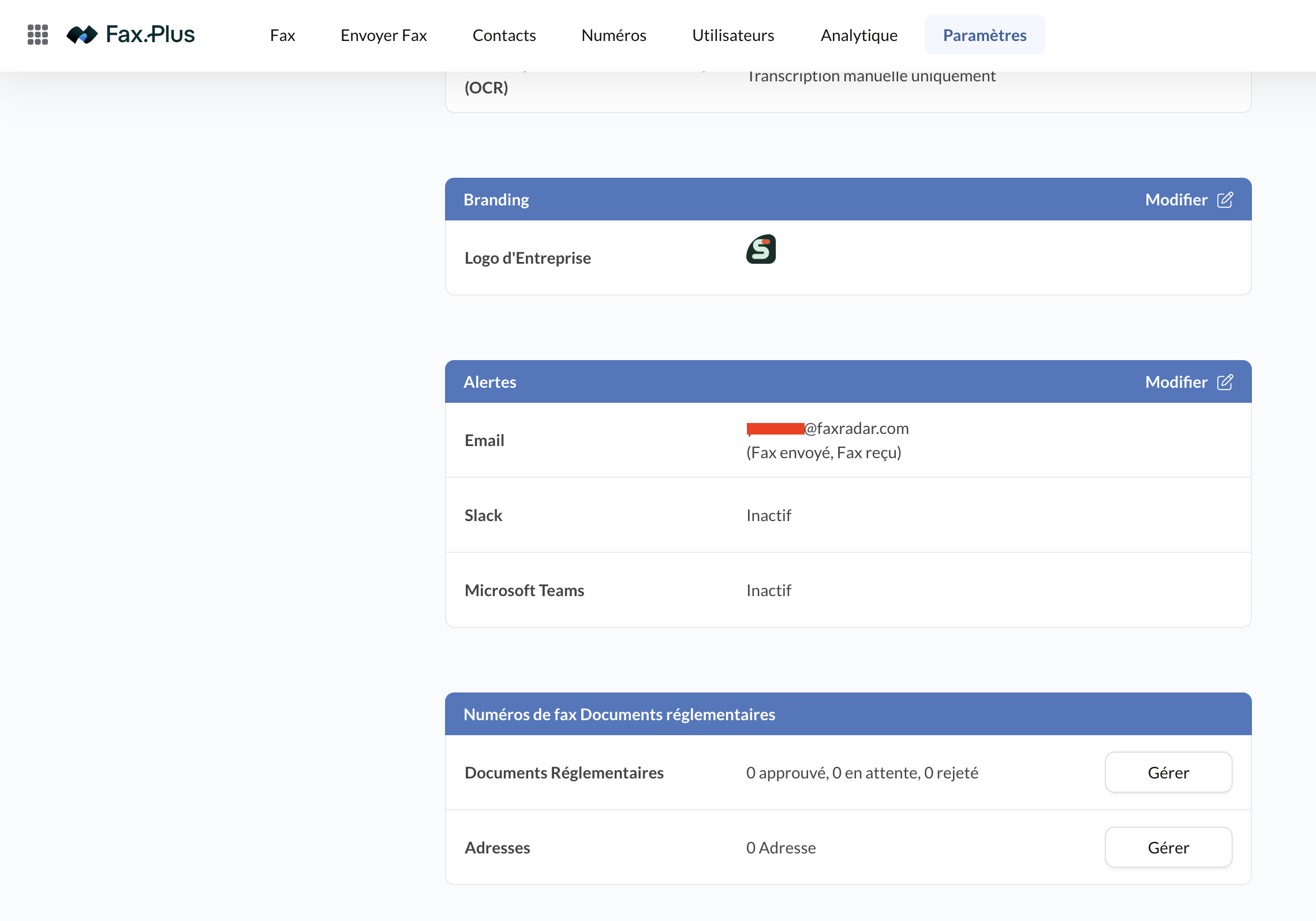 Paramètres de marque et de notifications Fax.Plus