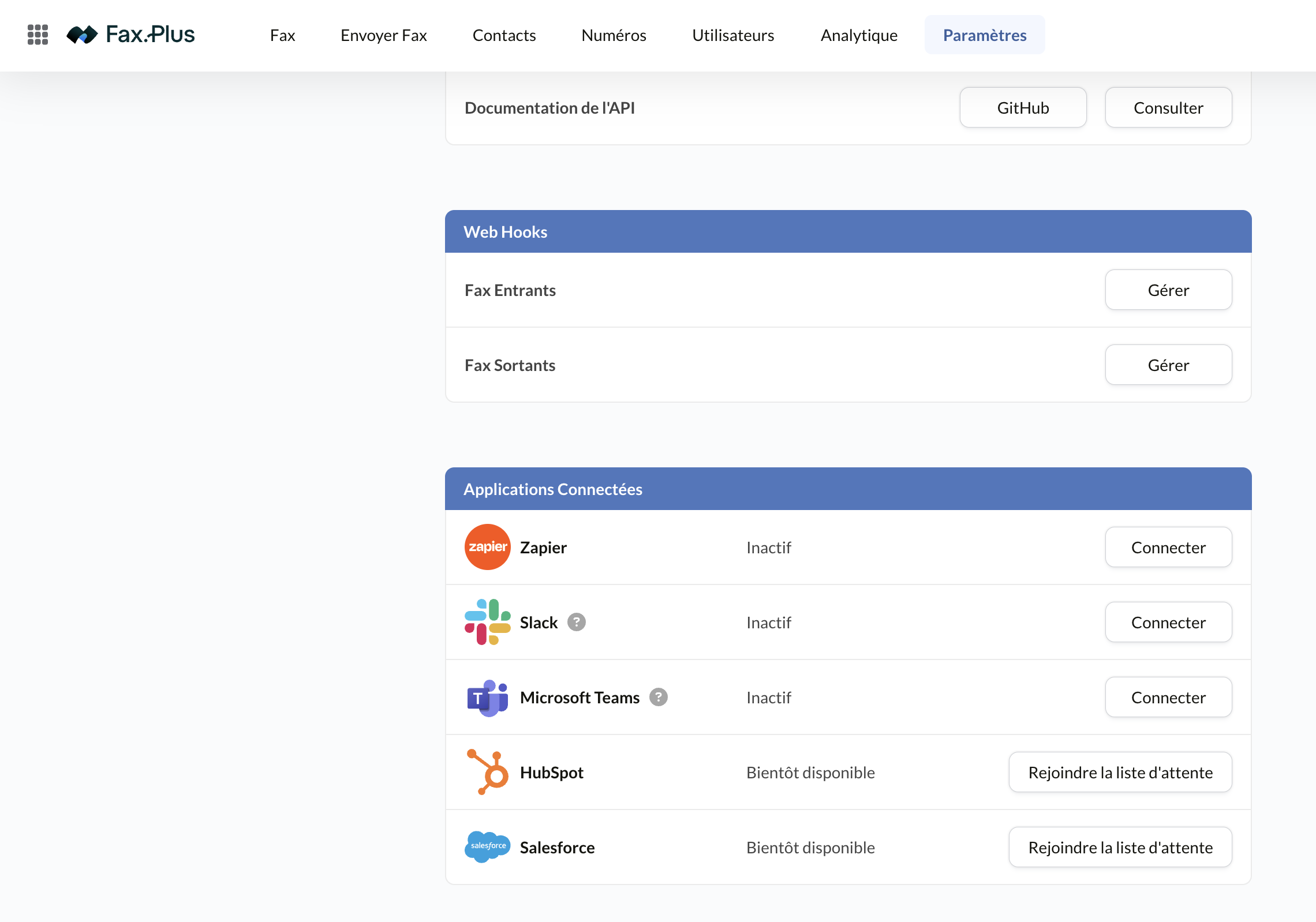 Applications connectées Fax.Plus : Zapier, Slack, Microsoft Teams, HubSpot et Salesforce