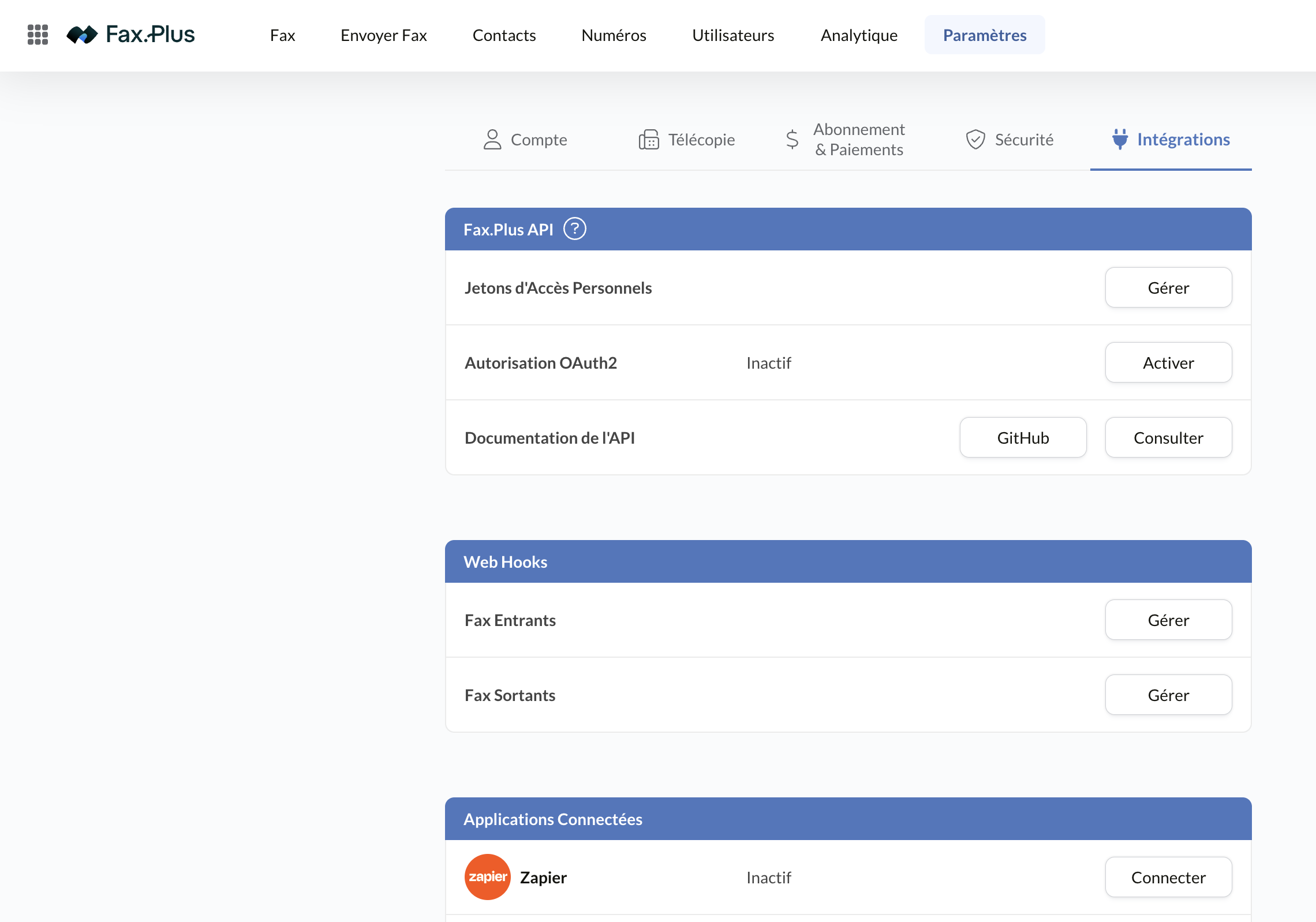 Paramètres API Fax.Plus avec jetons d'accès personnels et OAuth2