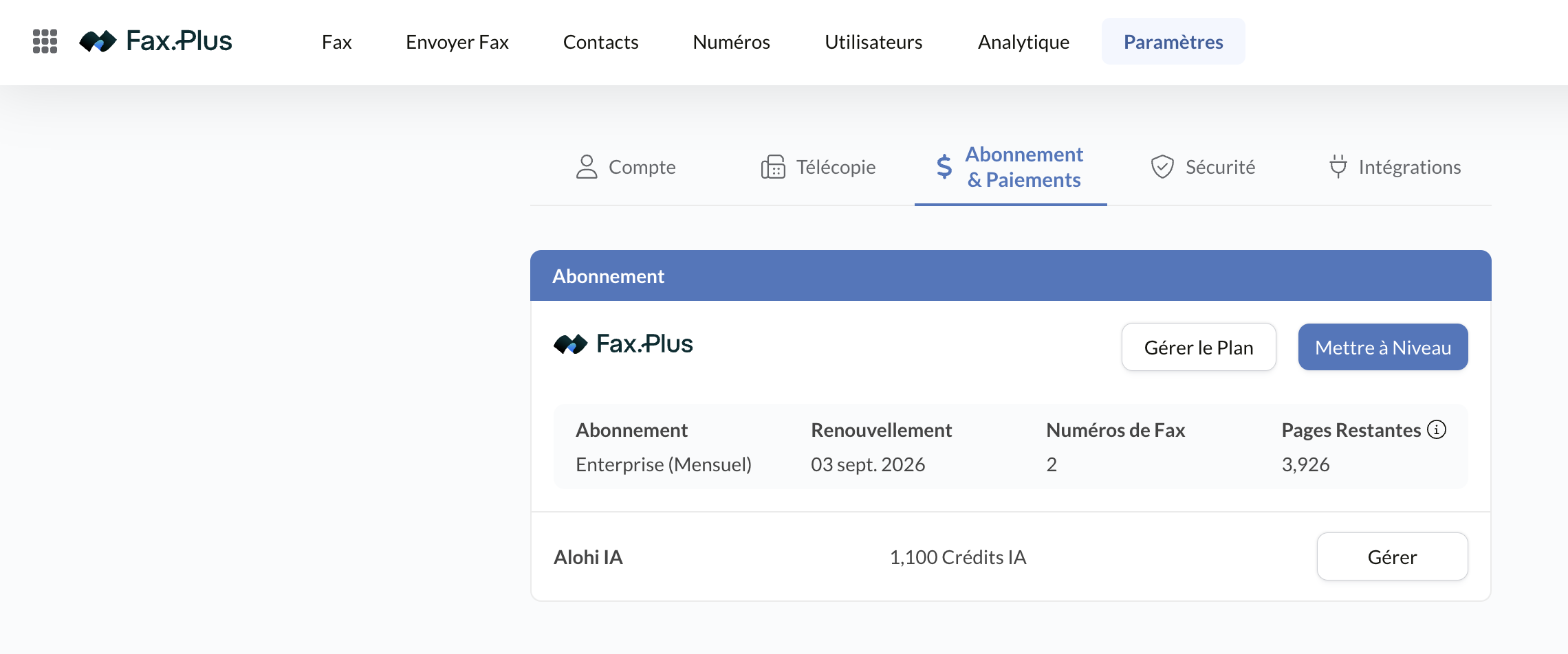 Écran forfait et facturation Fax.Plus avec le plan Enterprise et les crédits IA