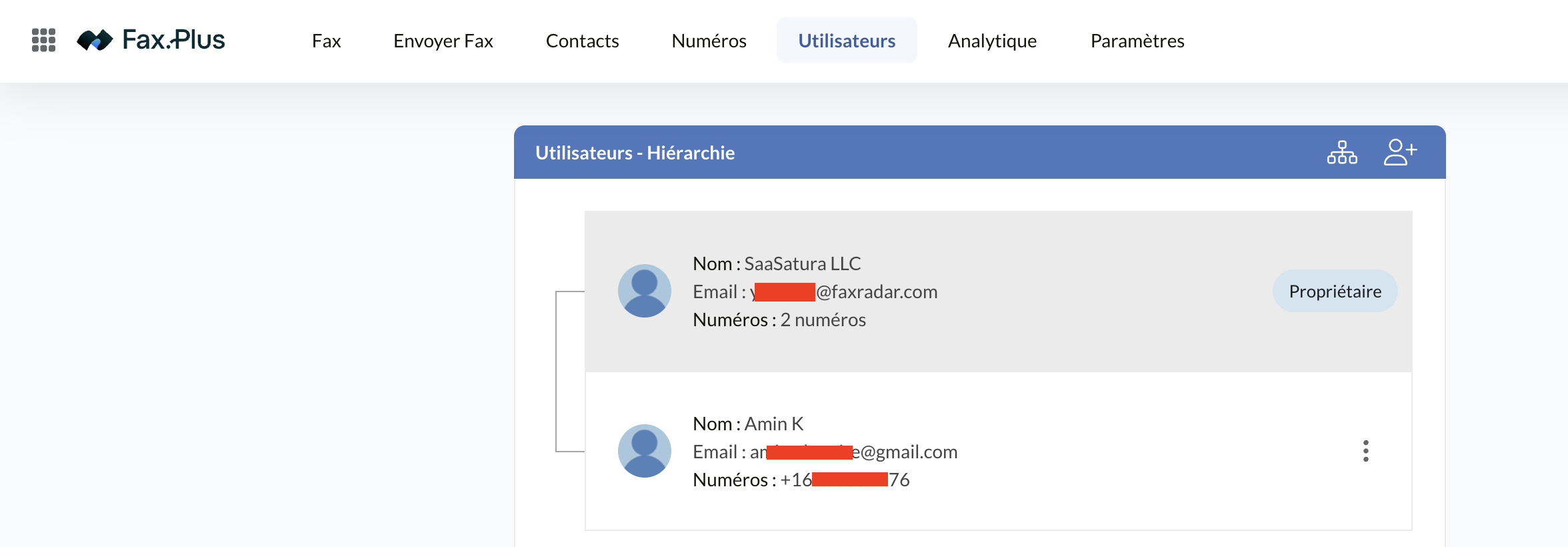 Hiérarchie des utilisateurs Fax.Plus montrant le propriétaire du compte et les membres
