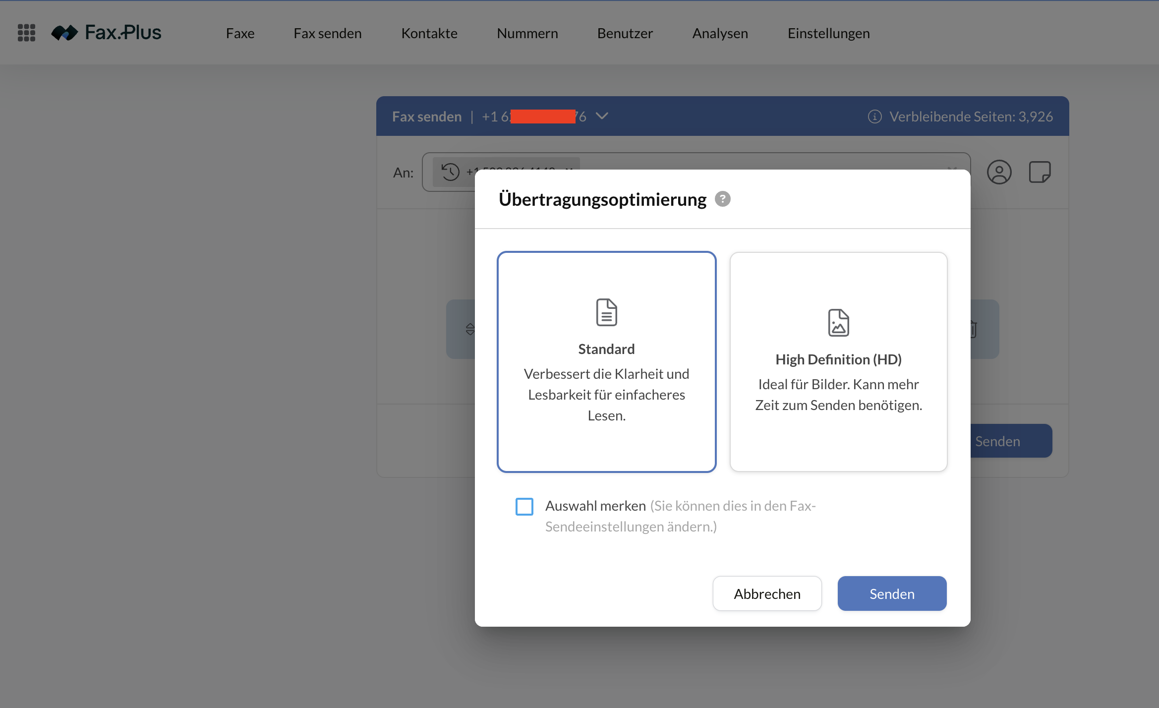 Dialog zur Übertragungsoptimierung von Fax.Plus mit Standard und High Definition