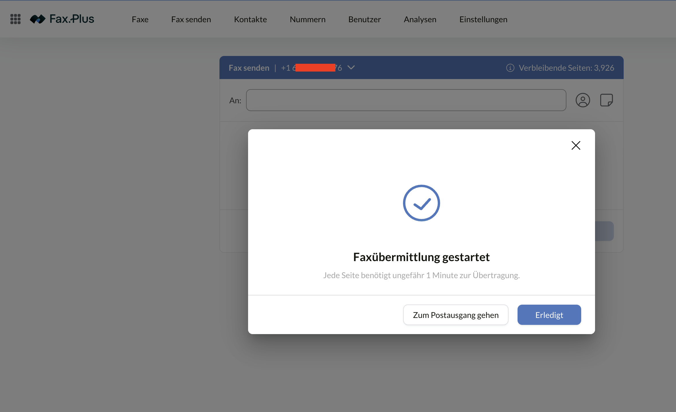 Bestätigung von Fax.Plus, dass die Übertragung gestartet ist, mit Zeitangabe pro Seite