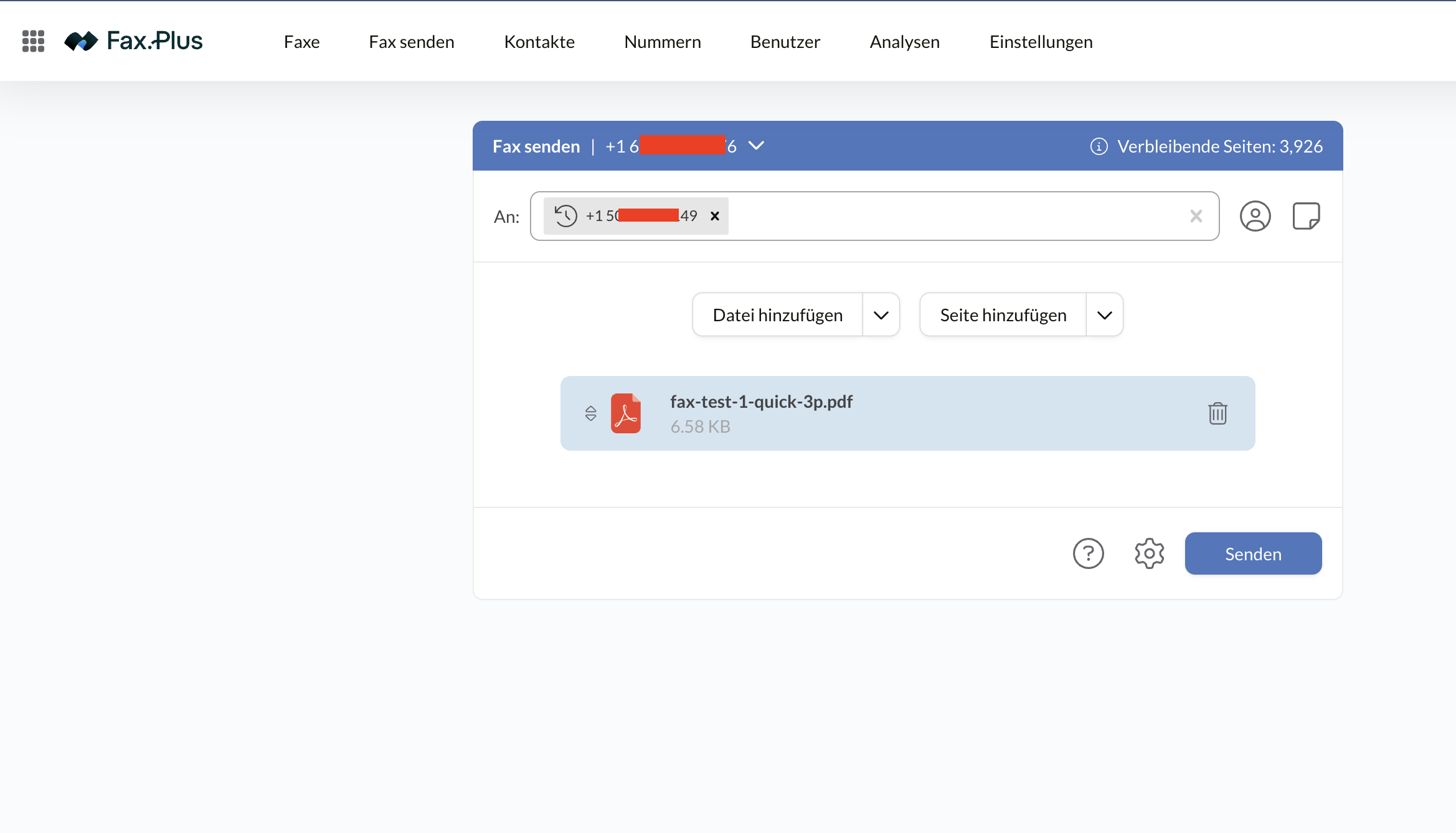 Sendebildschirm von Fax.Plus mit eingetragener Empfängernummer und angehängtem PDF